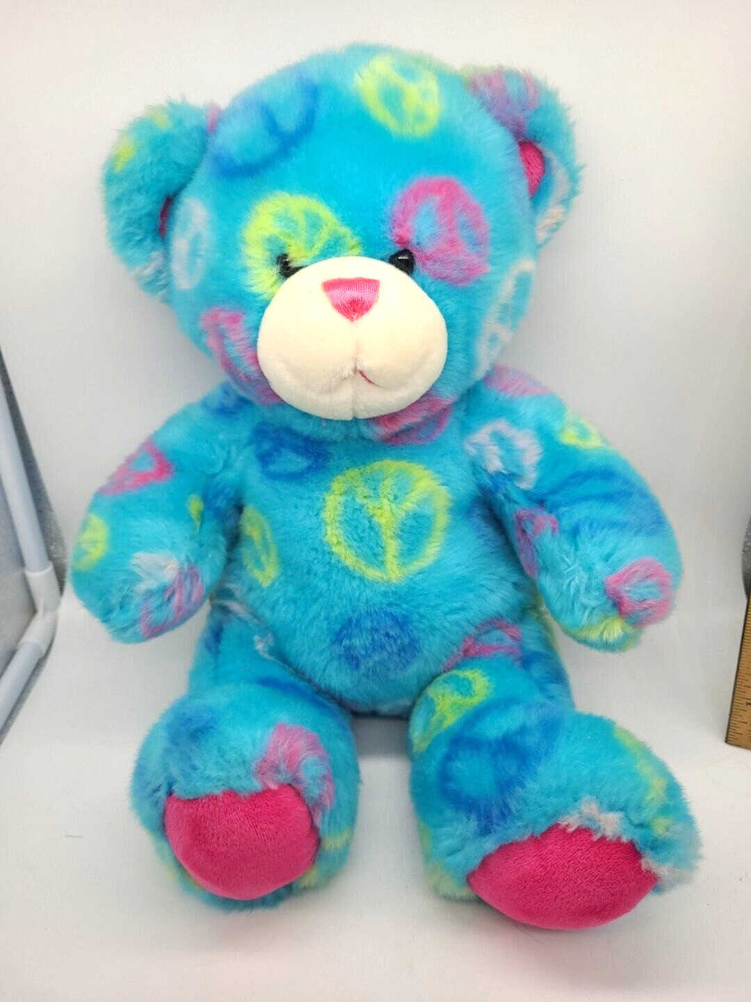 Build A Bear Light Blue Rainbow Peace Sign Hippie Teddy VGUC BABW