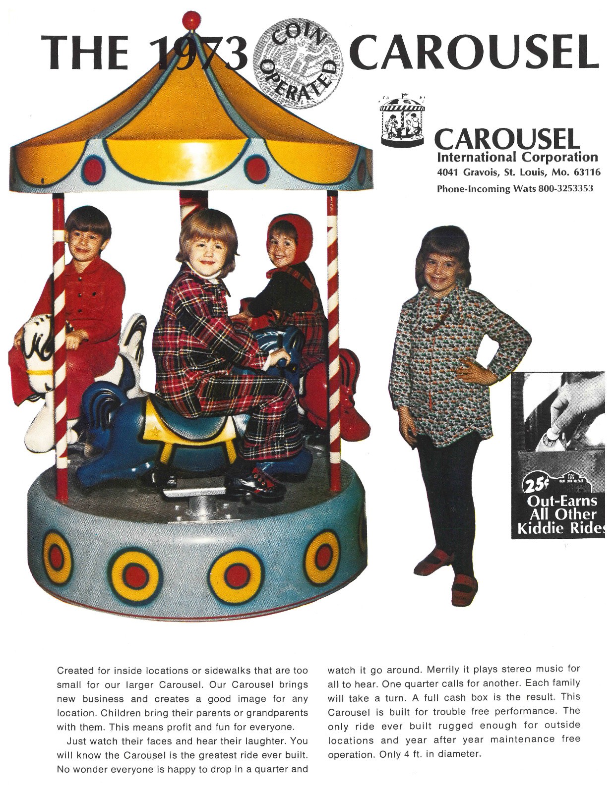 The Carousel 1973 Kiddie Ride Vending Arcade FLYER / Brochure / Ad Hard to Find