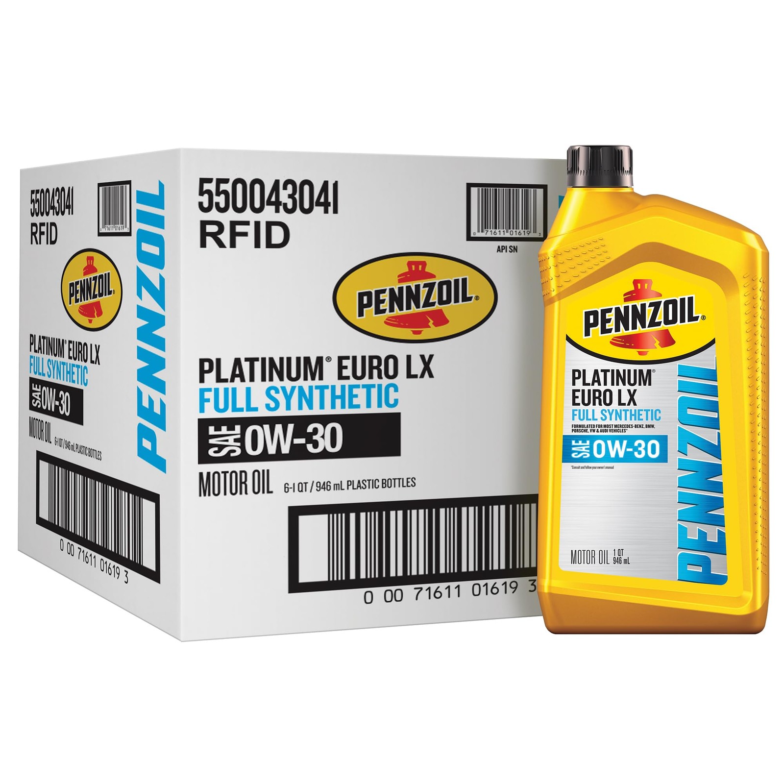 Motor Oil 0W-30 Synthetic 6 Pack 1 Quart Pennzoil Platinum Euro Full