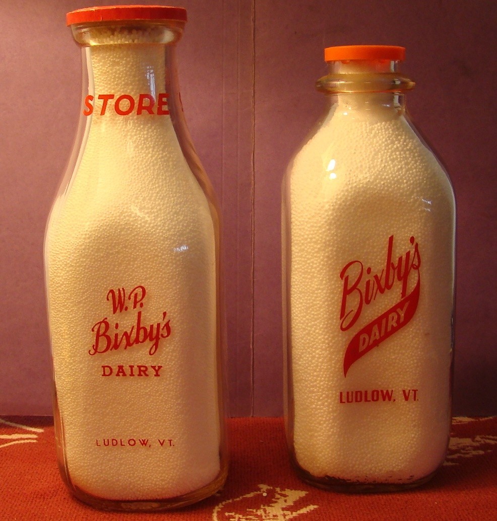 BIXBY'S DAIRY, FARM, LUDLOW, VERMONT, VT. QT. MILK BOTTLES 1-9 1/2, 1 8 3/4 TALL