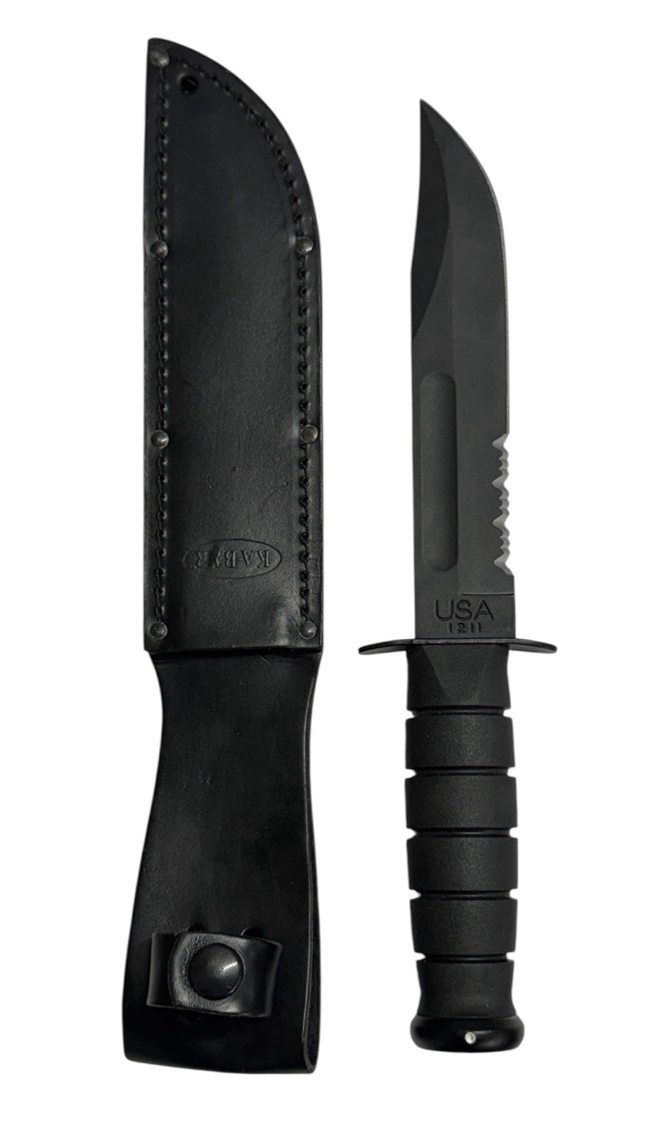 New-KA-BAR 1211 Black Fixed Blade Knife USA Olean NY w/Original Leather Sheath