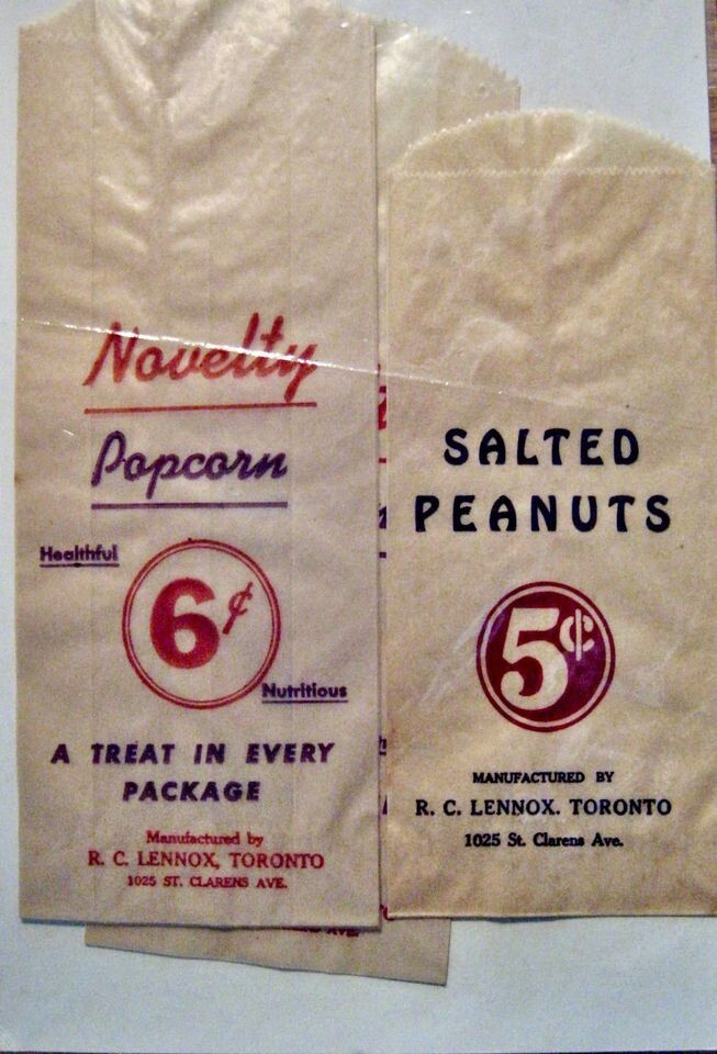 RARE VINTAGE ORIGINAL 1950'S (NOS) UNUSED 6 CENT POPCORN & 5 CENT PEANUT BAGS