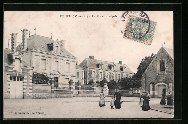 Old postcard Feneu, La Place principal 1905 