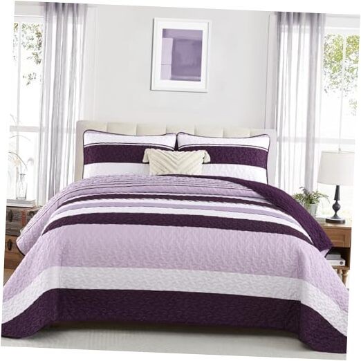  Boho Quilt Set,Striped Bedspreads Size Lightweight Farmhouse Queen Purple