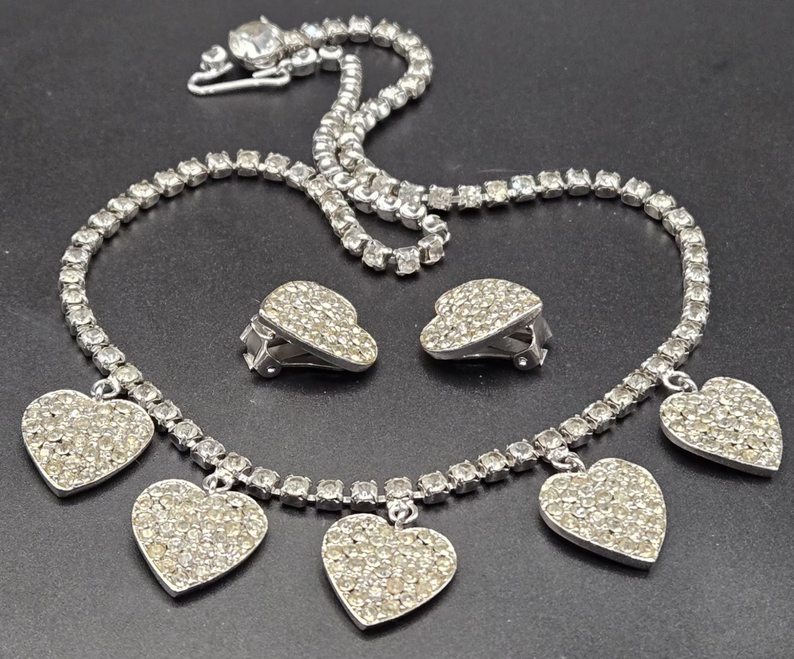 Vintage Signed Bellini Heart Rhinestone Necklace & Clip-On Earrings  Silver Tone