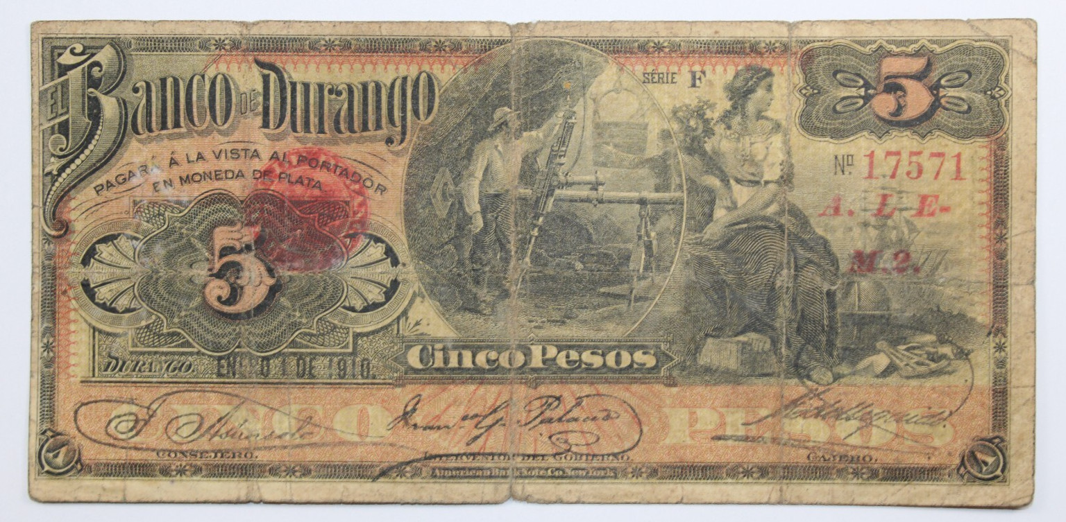 Mexico, 5 Pesos, Banco de Durango, 6-18-1913, Series E, Circulated, G.  # 0415