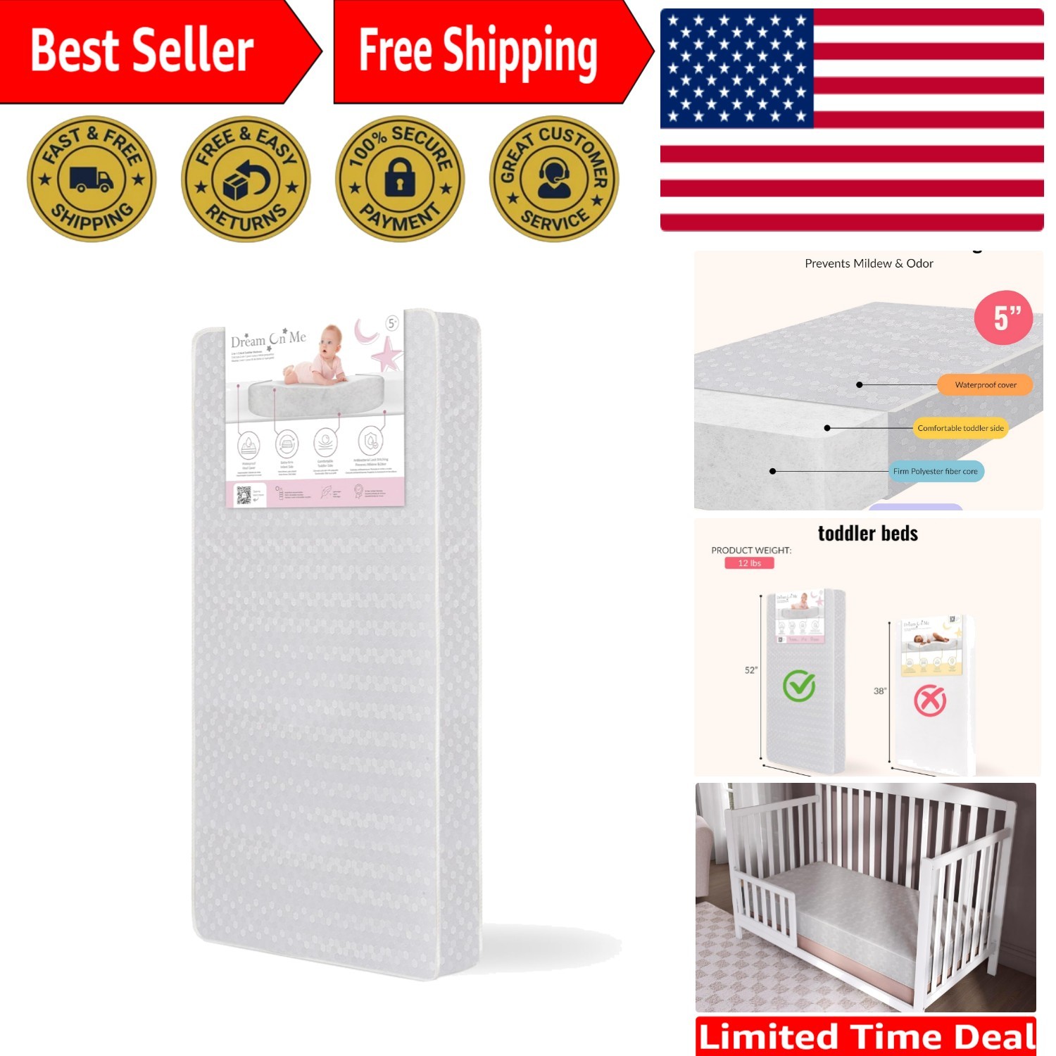 5" Fiber Core Crib Mattress - JPMA Certified & Lightweight Design for Toddlers