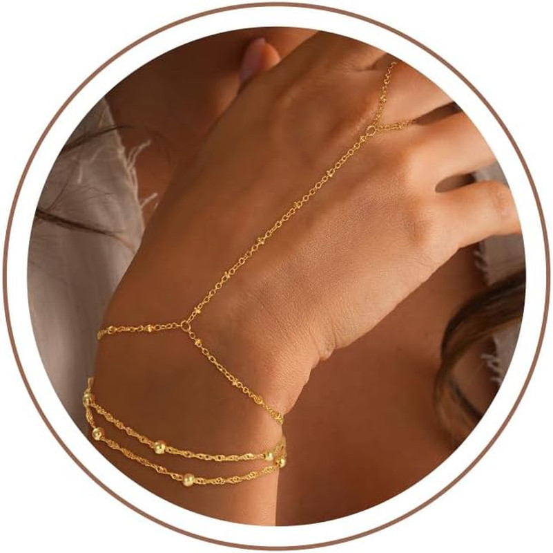 Hand Chain Bracelets for Women - 14K Real Gold Plated Dainty Stackable Paperclip