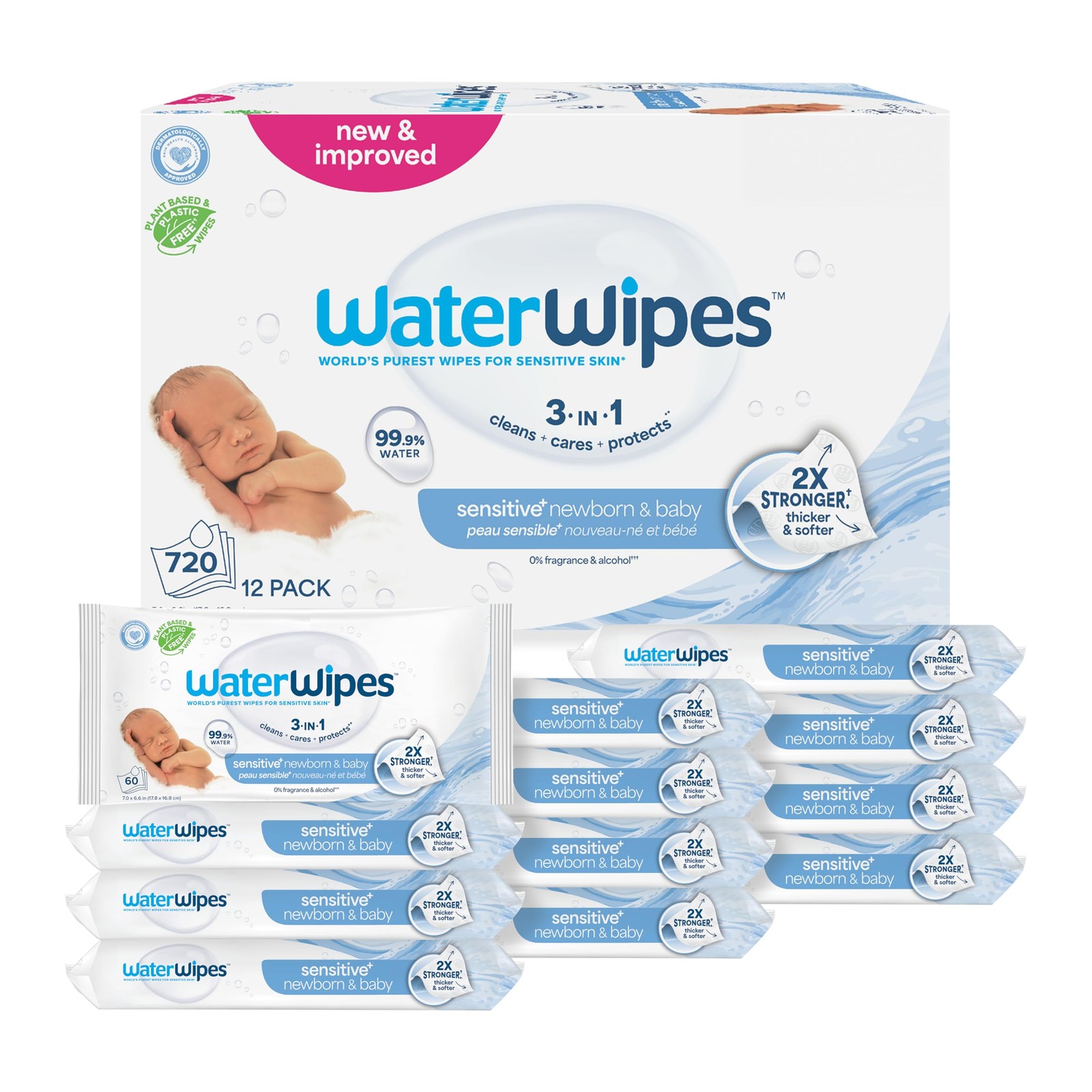 WaterWipes Sensitive+ Newborn & Baby Wipes, 60 Count (Pack of 12), White 