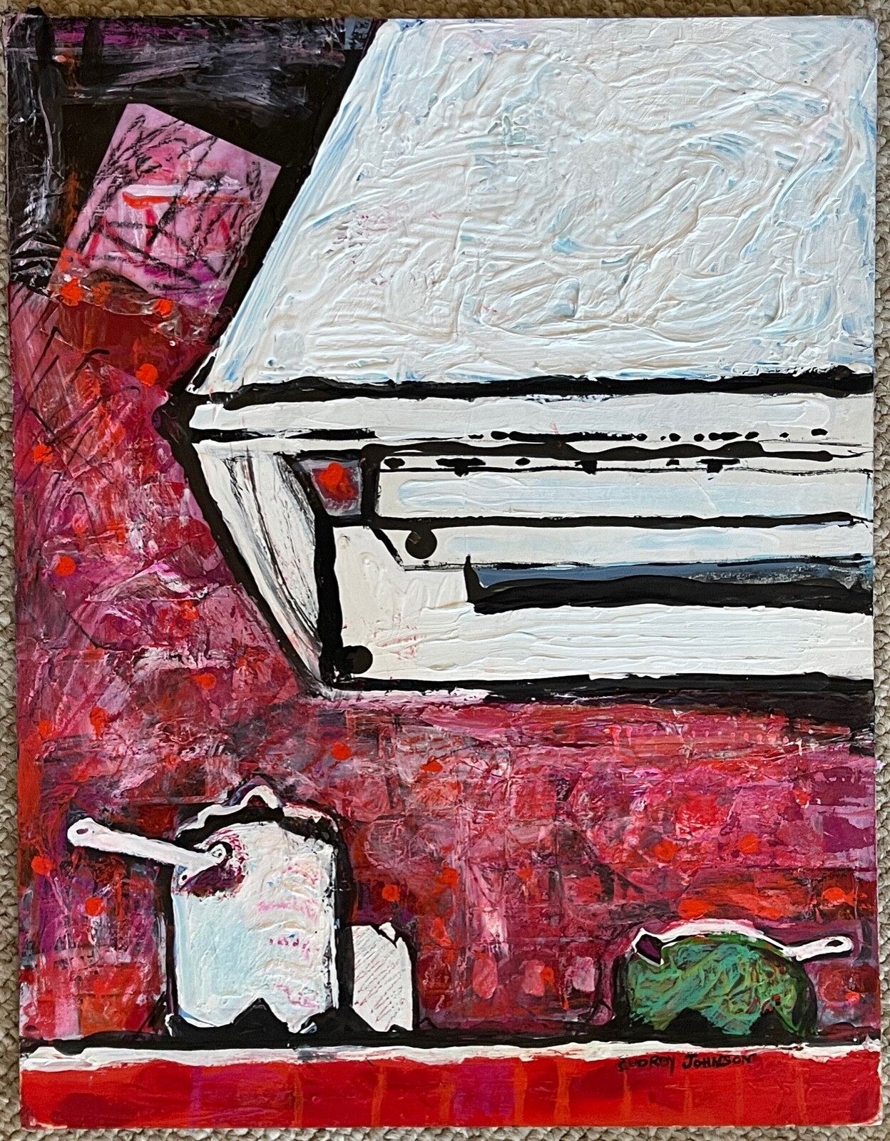 Vintage Abstract Kitchen Collage Painting Modern Art Wall Hanging Signed Johnson