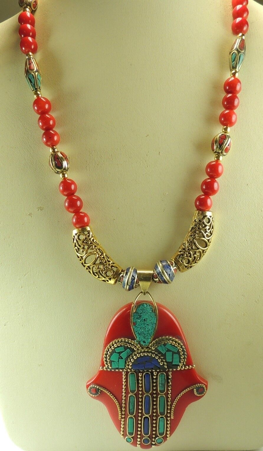 Statement Coral Necklace  Lapis & Turquoise Pendant  Handcrafted Mother of Bride