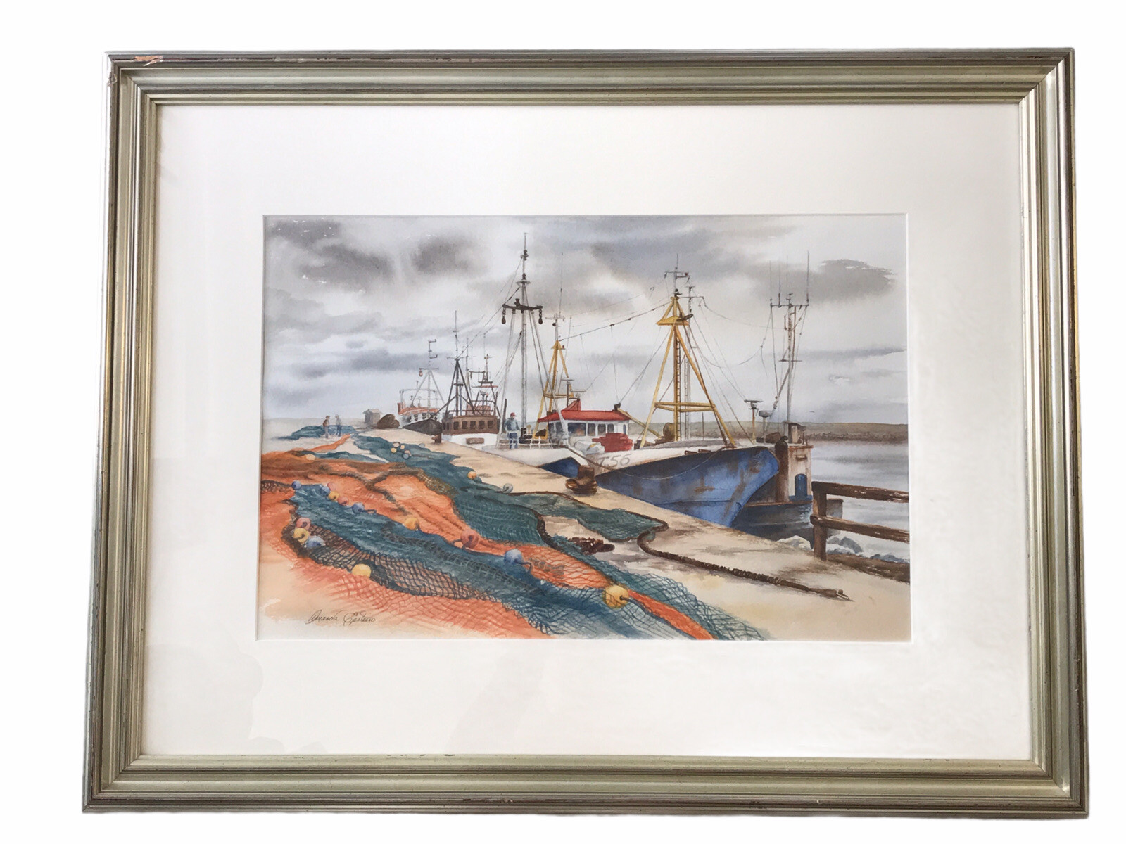 Amanda Epstein Original Watercolor Painting Fishing Boat Pier Seascape 27 x 21"