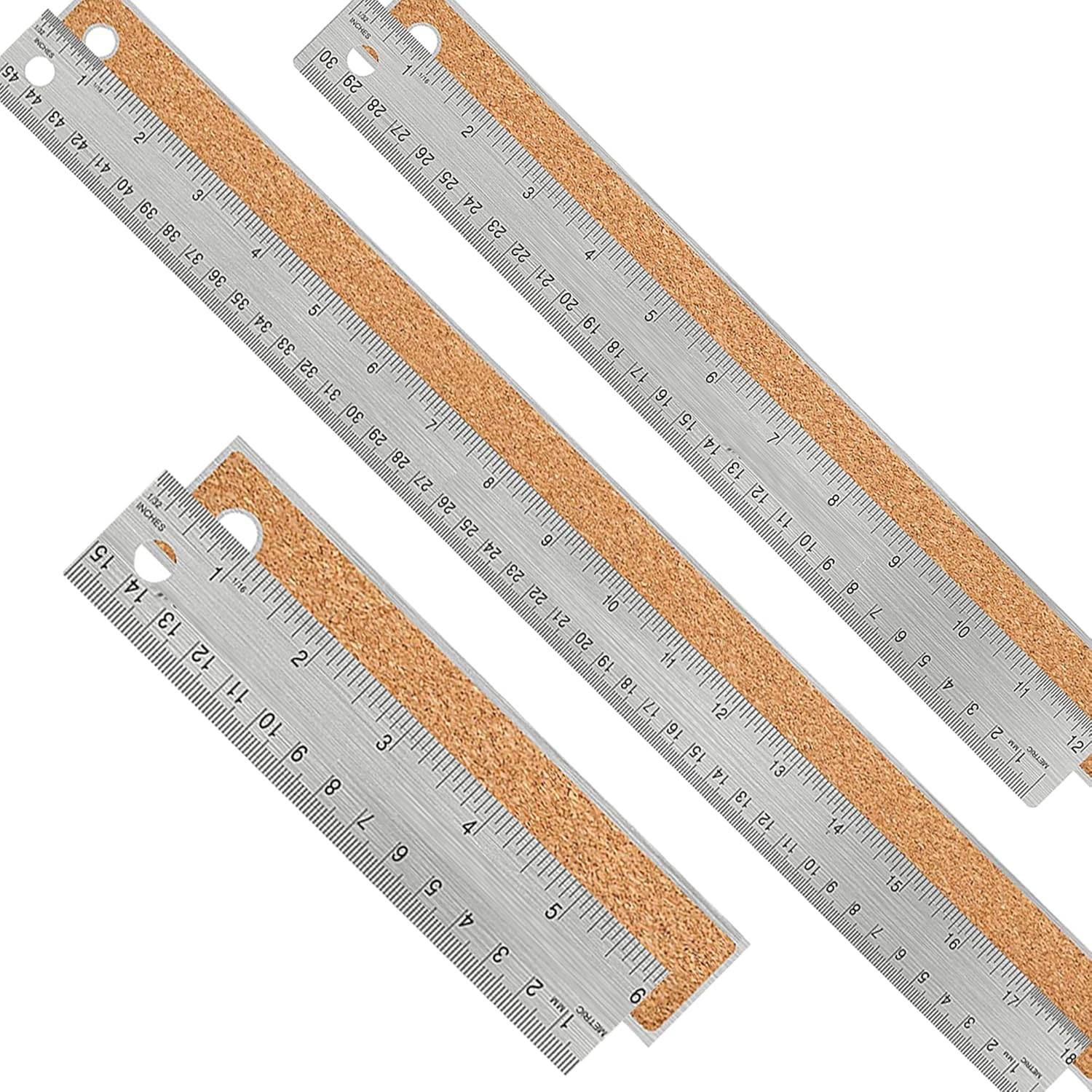 Metal Ruler Set [6+12+18 Inch] – Stainless Steel Rulers with Cork Backing, Non-S