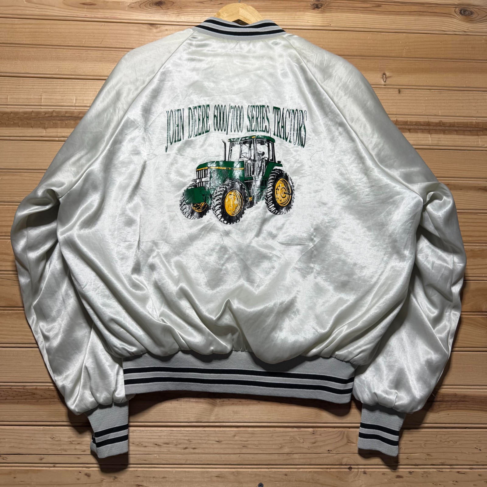 Vintage 90s John Deere 6000/7000 Series Tractors Satin Bomber Jacket USA Made XL