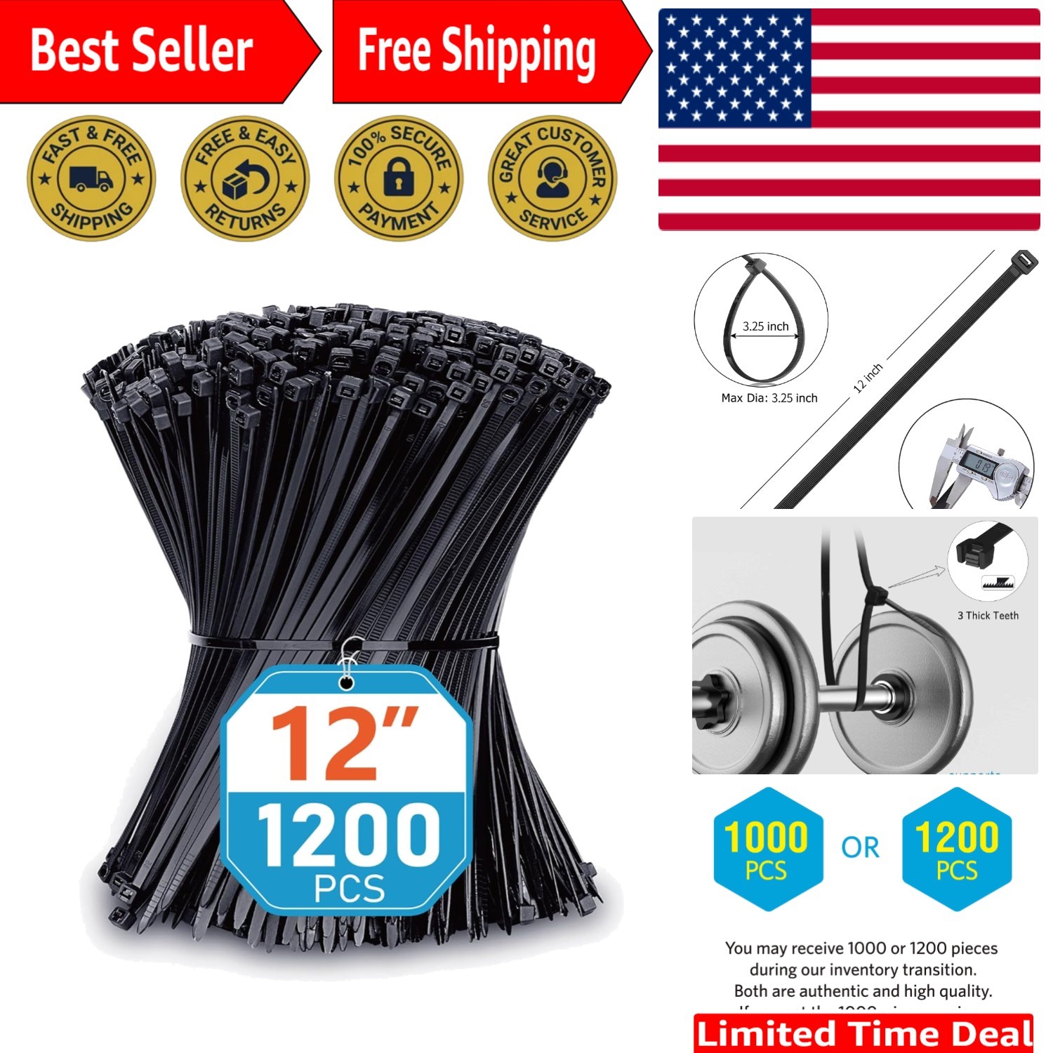 Zip Ties 12 inch 1200 Pack, Black, 50lbs Tensile Strength, UV Resistant Cable...