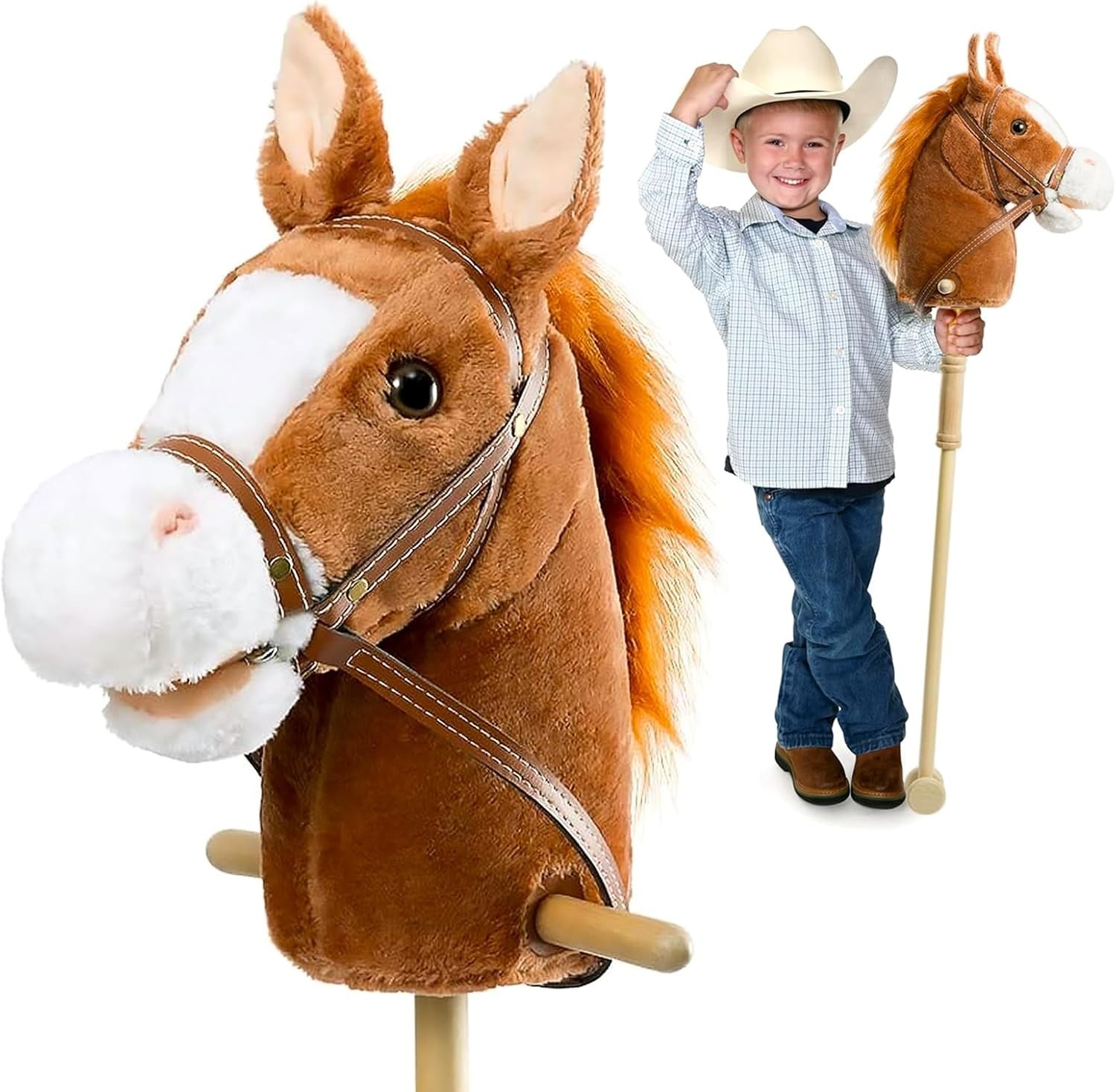 HollyHome Plush Stick Hobby Horse 36” Sound Effects Wood Wheels NEW