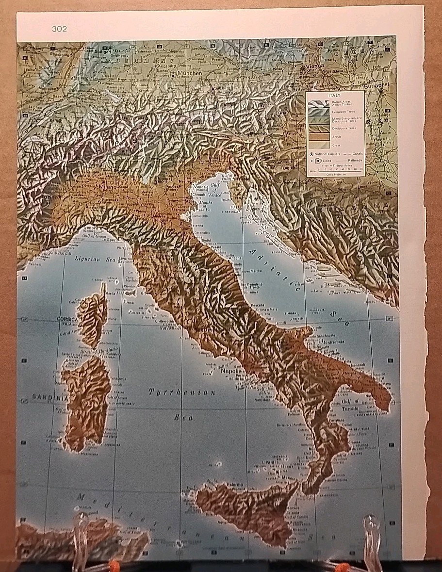 1961 Vintage ITALY TOPOGRAPHIC Old Atlas Map Life Pictorial Atlas of the World