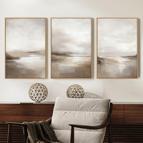  Wall Art - Minimalist Canvas 24"x36"x3 Panels Framed Neutral Abstract Framed