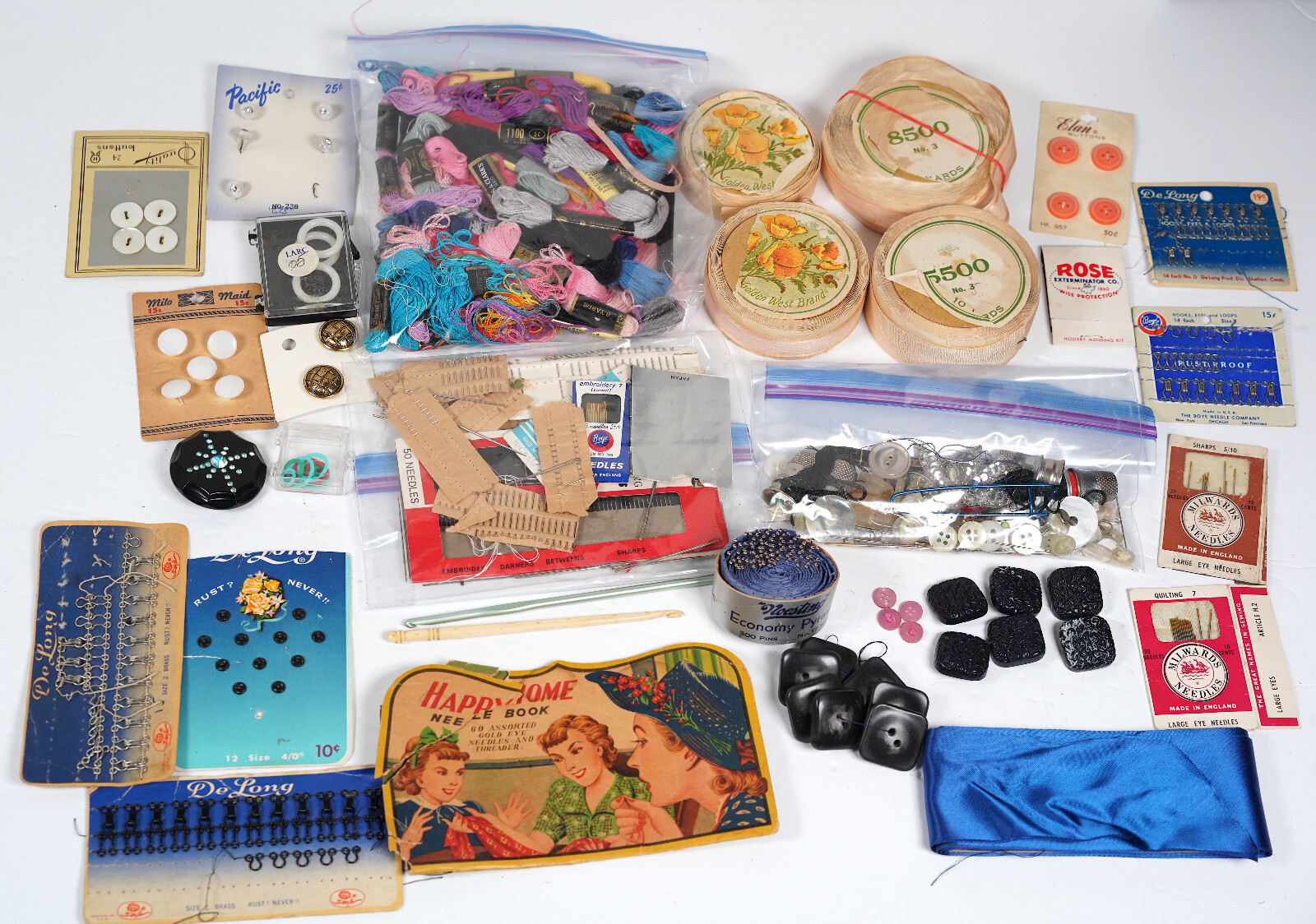 Sewing Goods Mixed Thread Fasteners Needles Buttons Vintage Junk Drawer Treasure