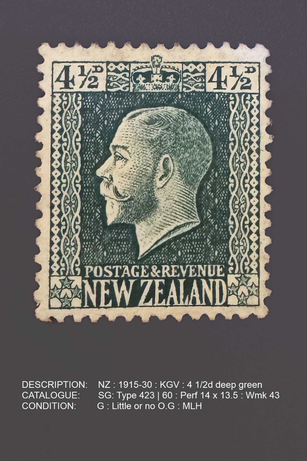 New Zealand | 1915-1930 | SG 423 | 4½d Deep green | Good Mint no gum