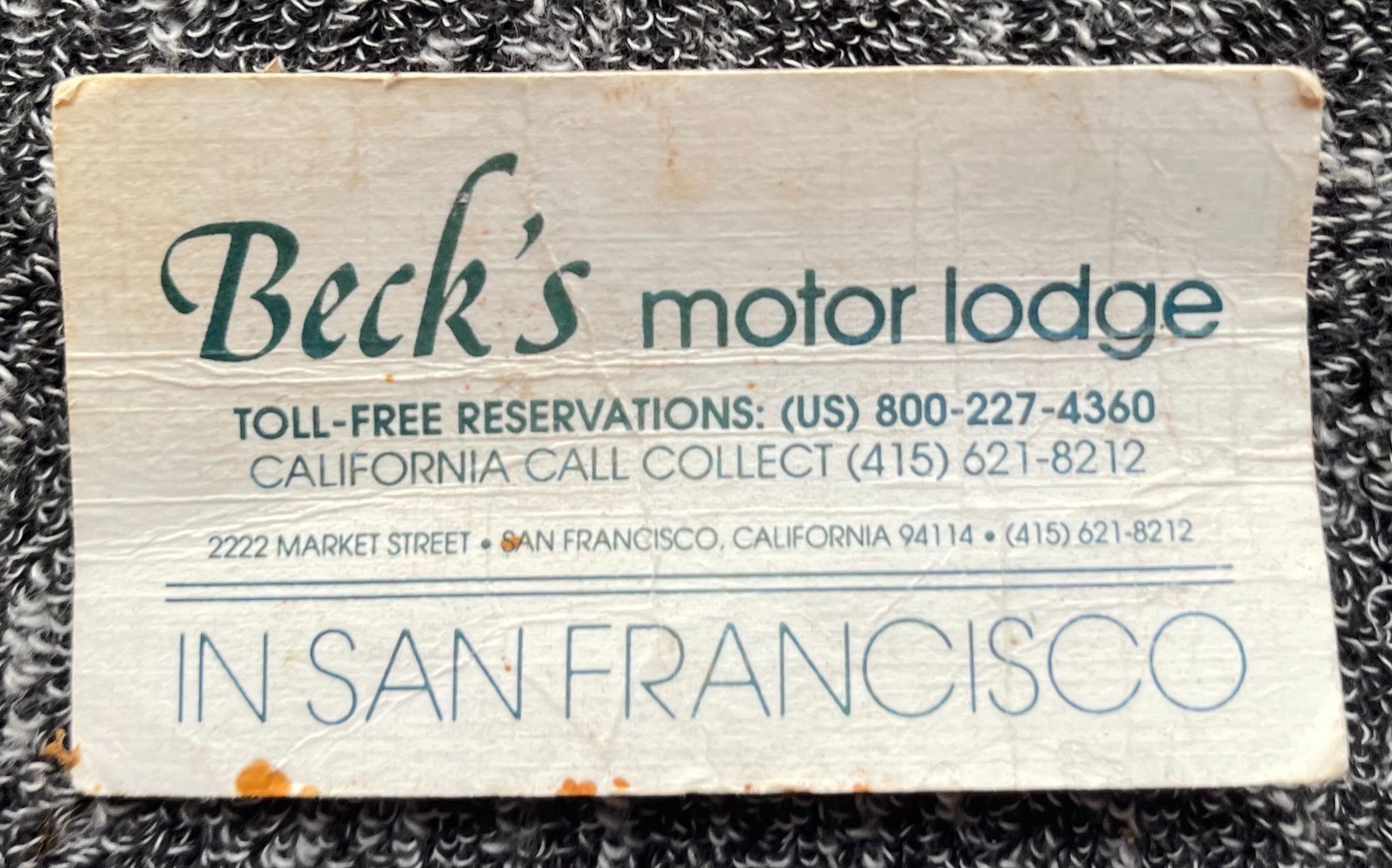 BECK'S MOTOR LODGE Gay Friendly SAN FRANCISCO CALIFORNIA Vintage Business Card