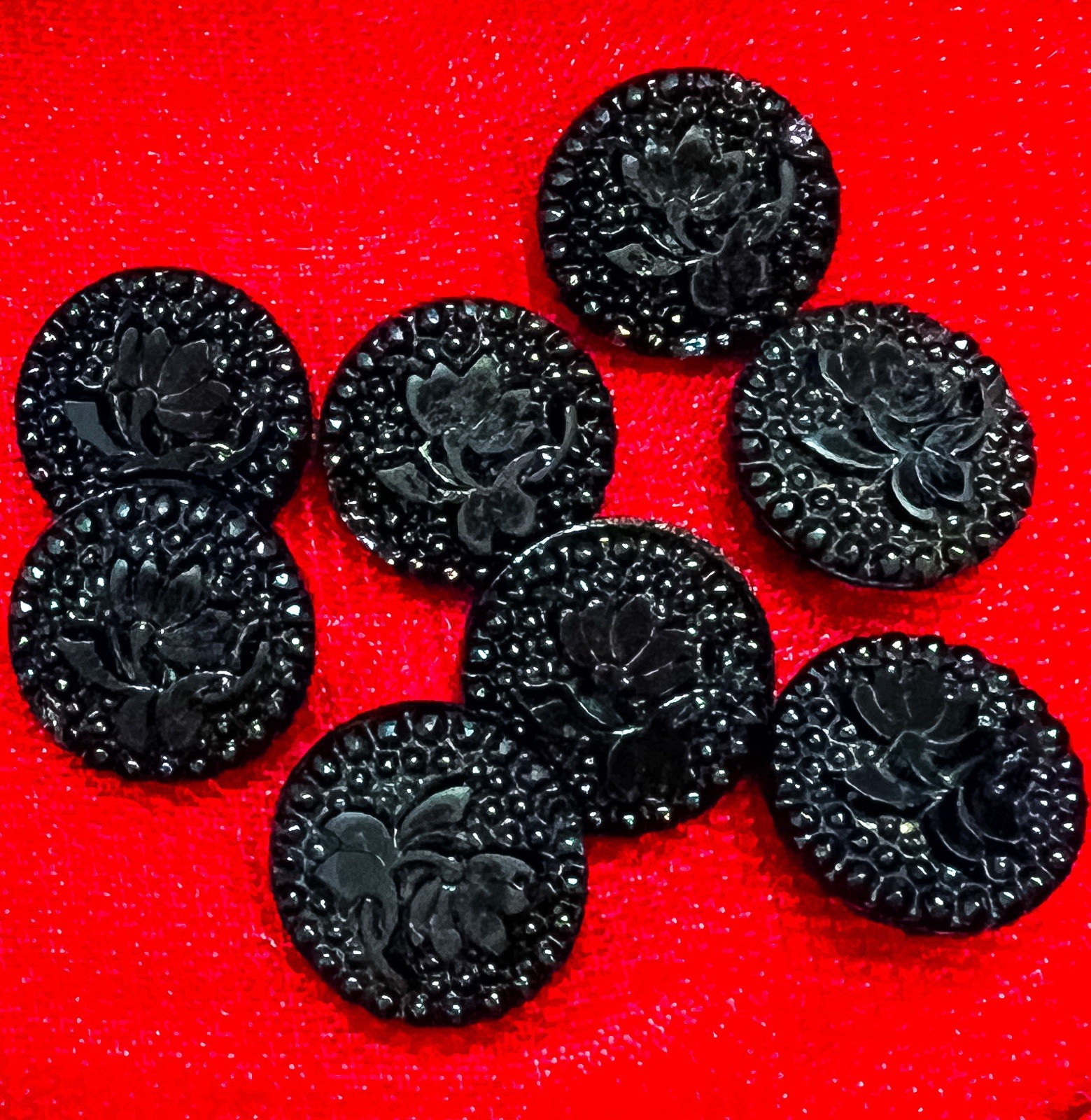 Set of 8 Antique Lacy Black Glass Buttons Matching Flower Fancy Lot Vintage