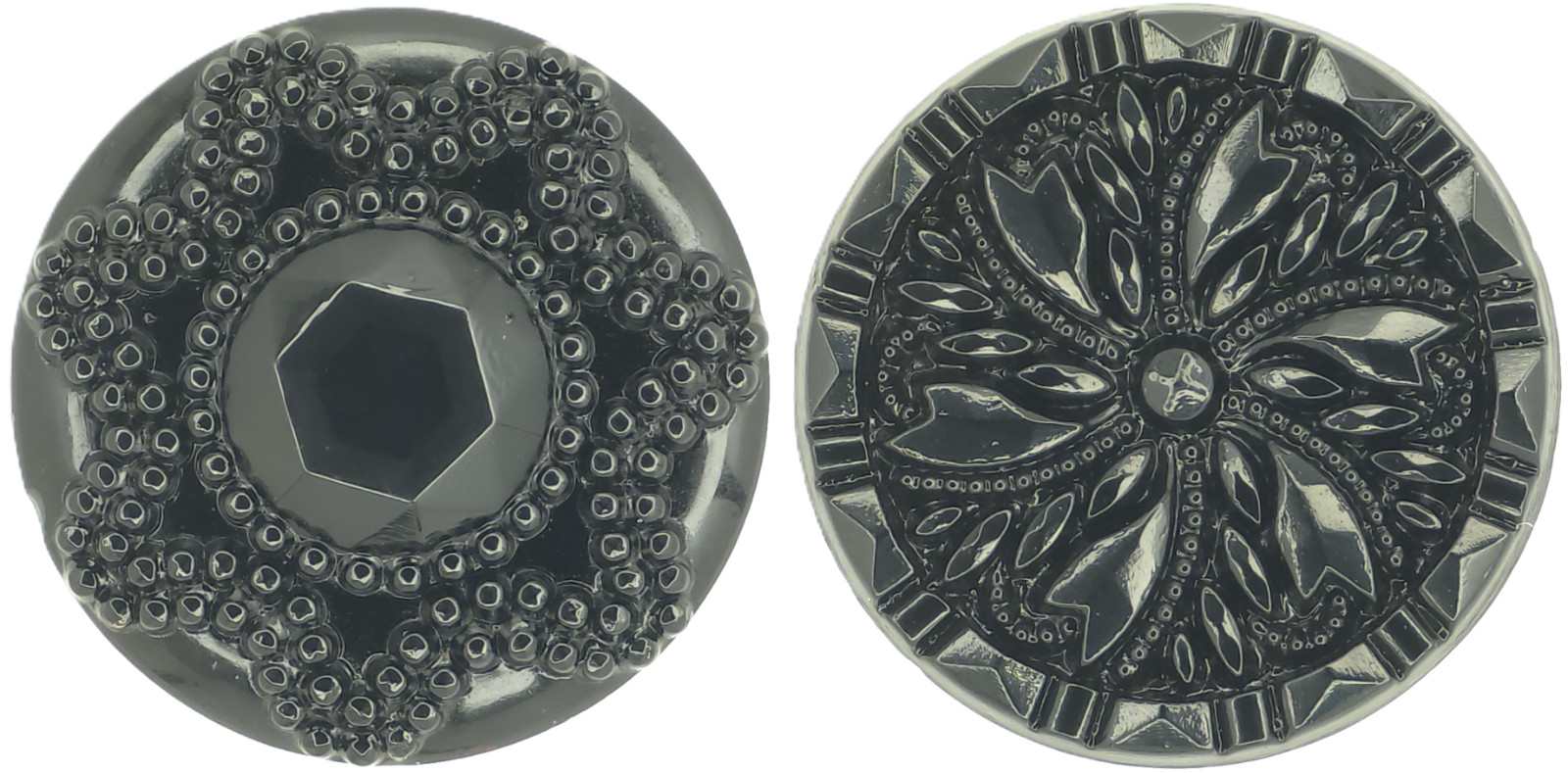 1920-30s Antique Black Glass Bali Bead Starburst Swirl Flower Button Lot La Mode