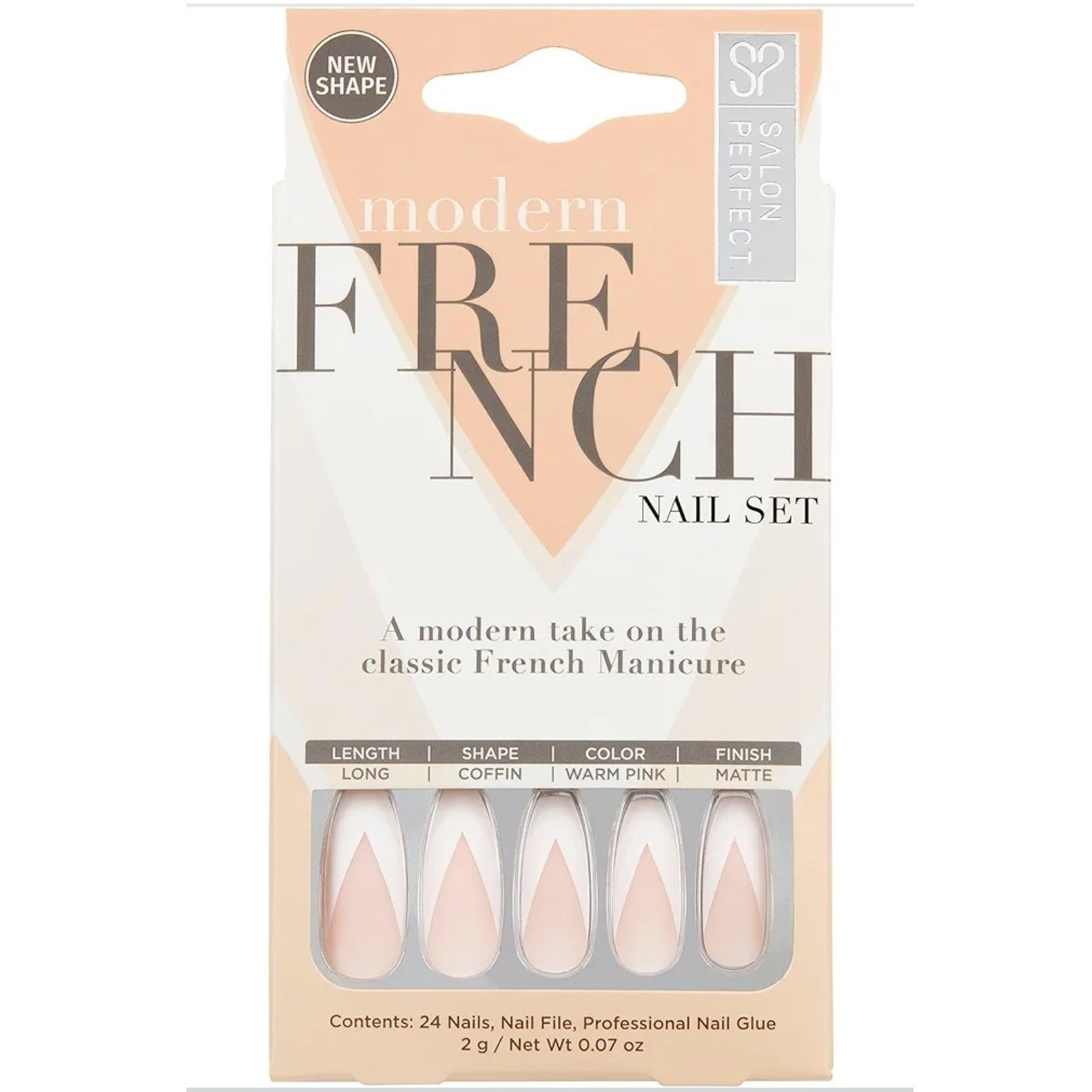 Salon Perfect Modern French Nail Set, Long Coffin, Warm Pink, 24 Nails