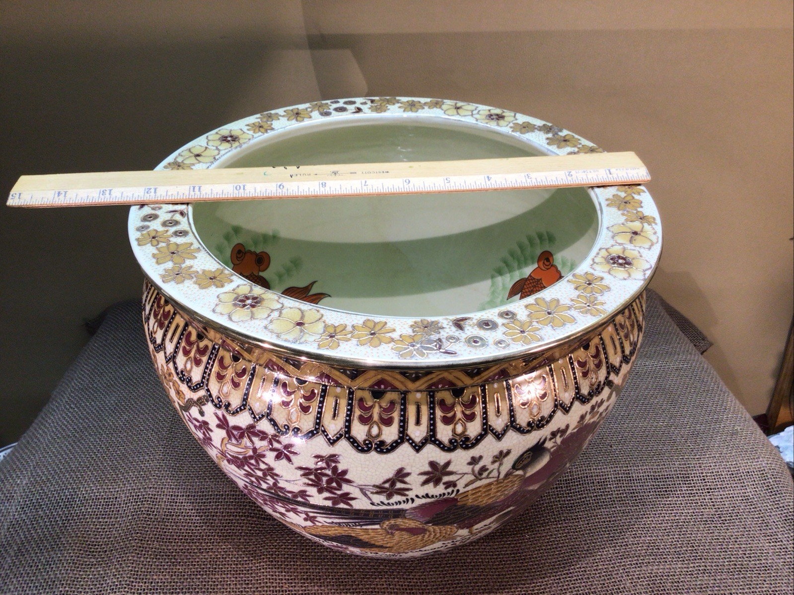 12” Porcelain Koi Fish, pheasants & Florals Chinese Fishbowl Planter Preowned