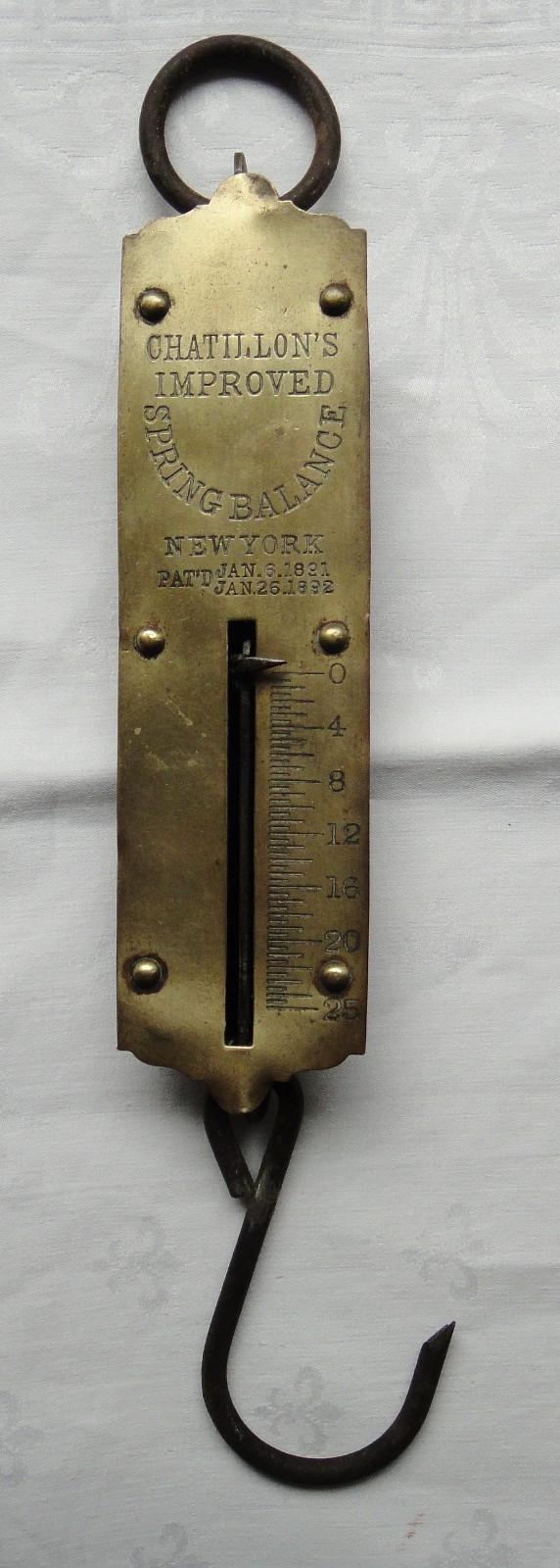 Antique Chatillon's Improved Spring Balance 25 Lb. Scale Brass Orig. Ring & Hook