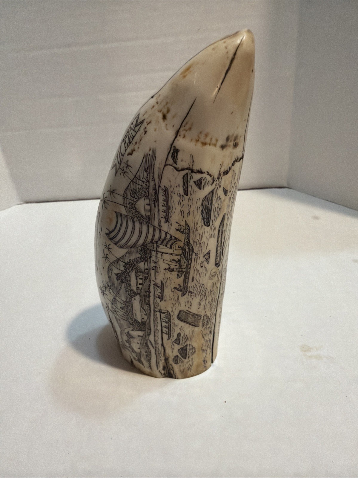Scrimshaw Faux Whale Tooth Carved Ship Ocean Scene 