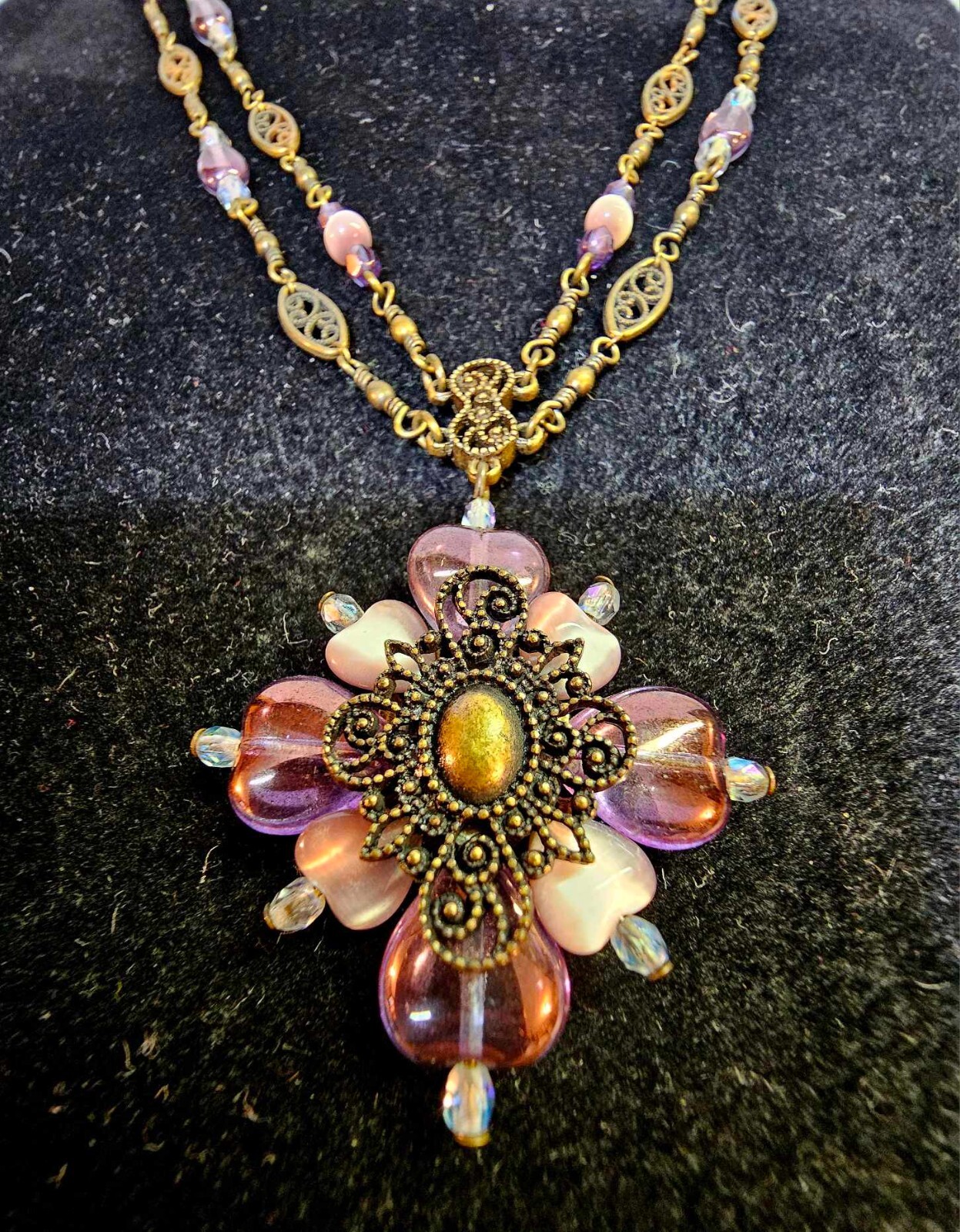 Brass Metal Necklace Filigree w/ Cross Flower Pendant Purple glass beads- READ