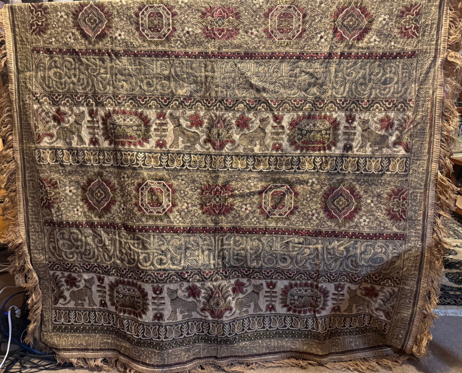 Antique Moresque Style French Hand Embroidered Wall Hanging Tapestry 4' x 4'