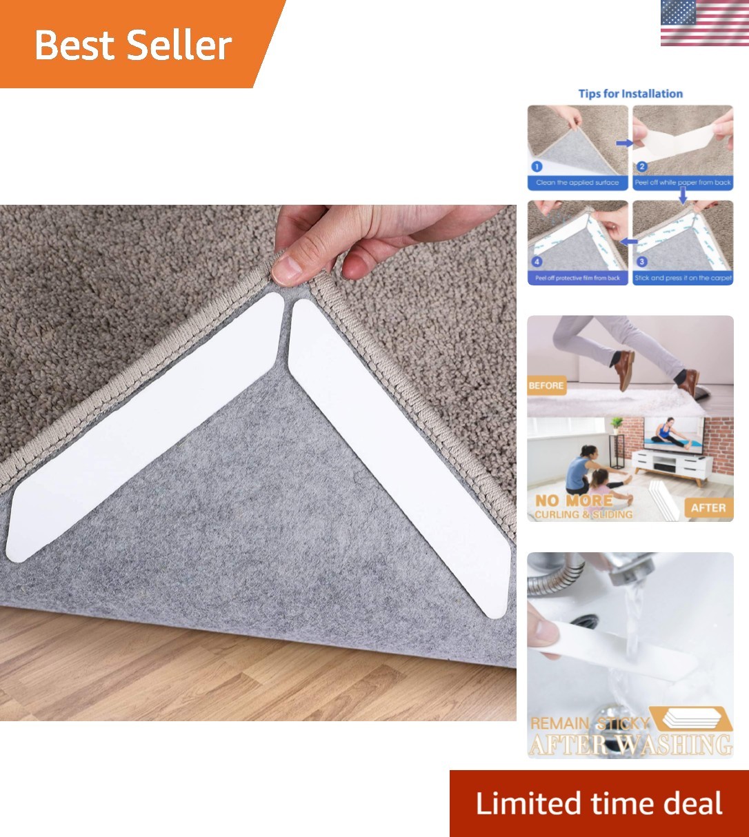 Rug Tape,16 Pcs Dual Sided Washable Removable Rug Stopper for Area Rug, Non S...