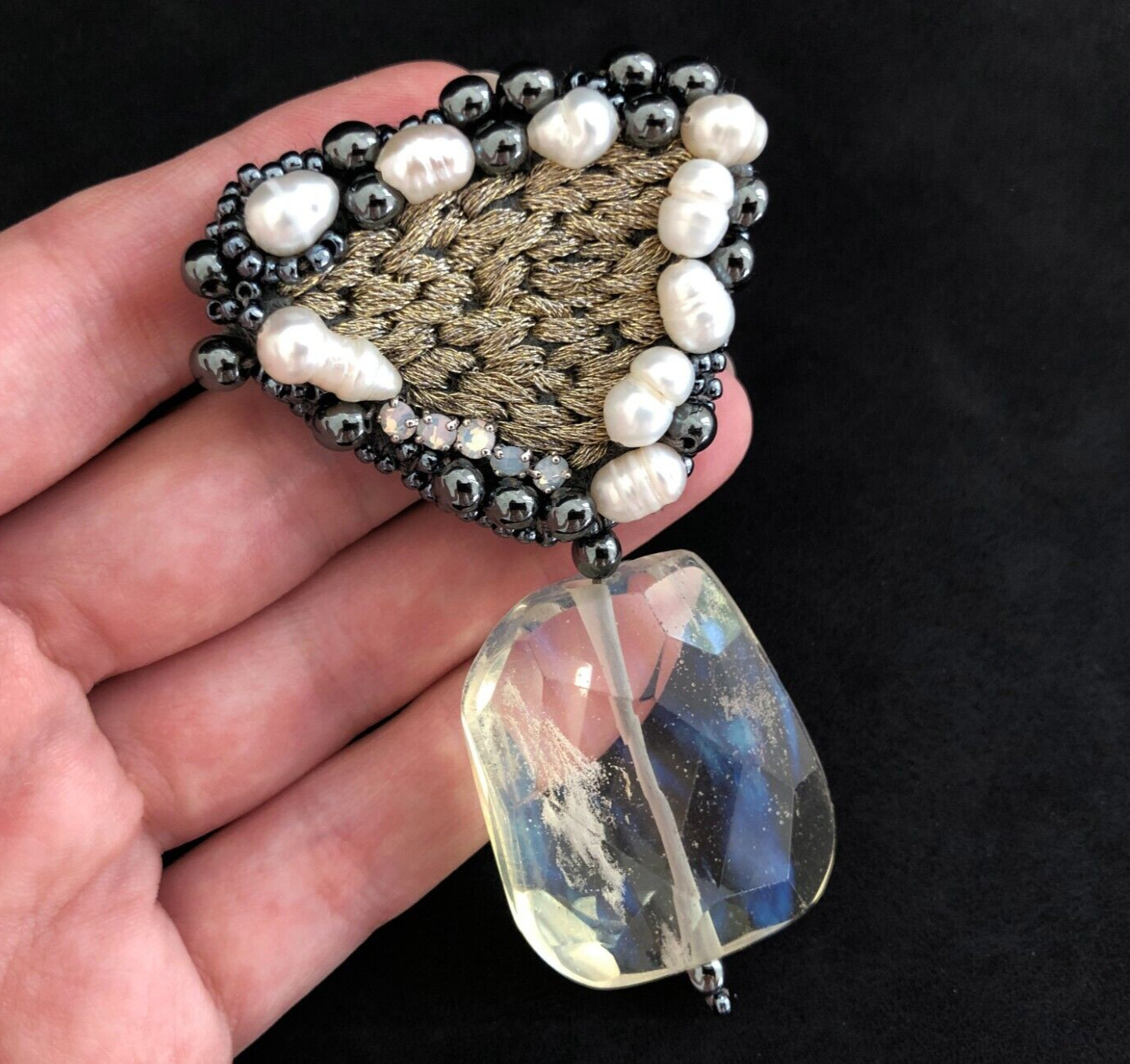 Beaded crystal brooch ooak, bead embroidered handmade brooch pin