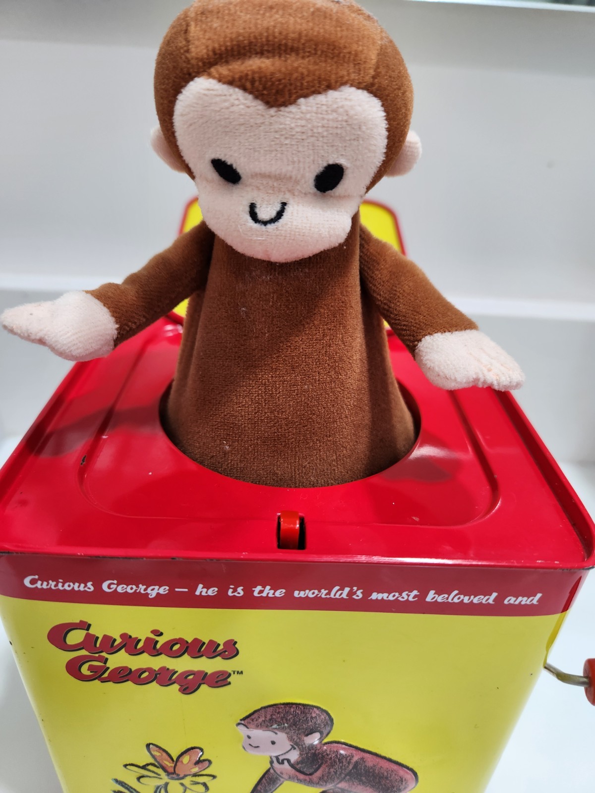 Curious George Manual Crank Jack In The Box Vintage, Yellow Red