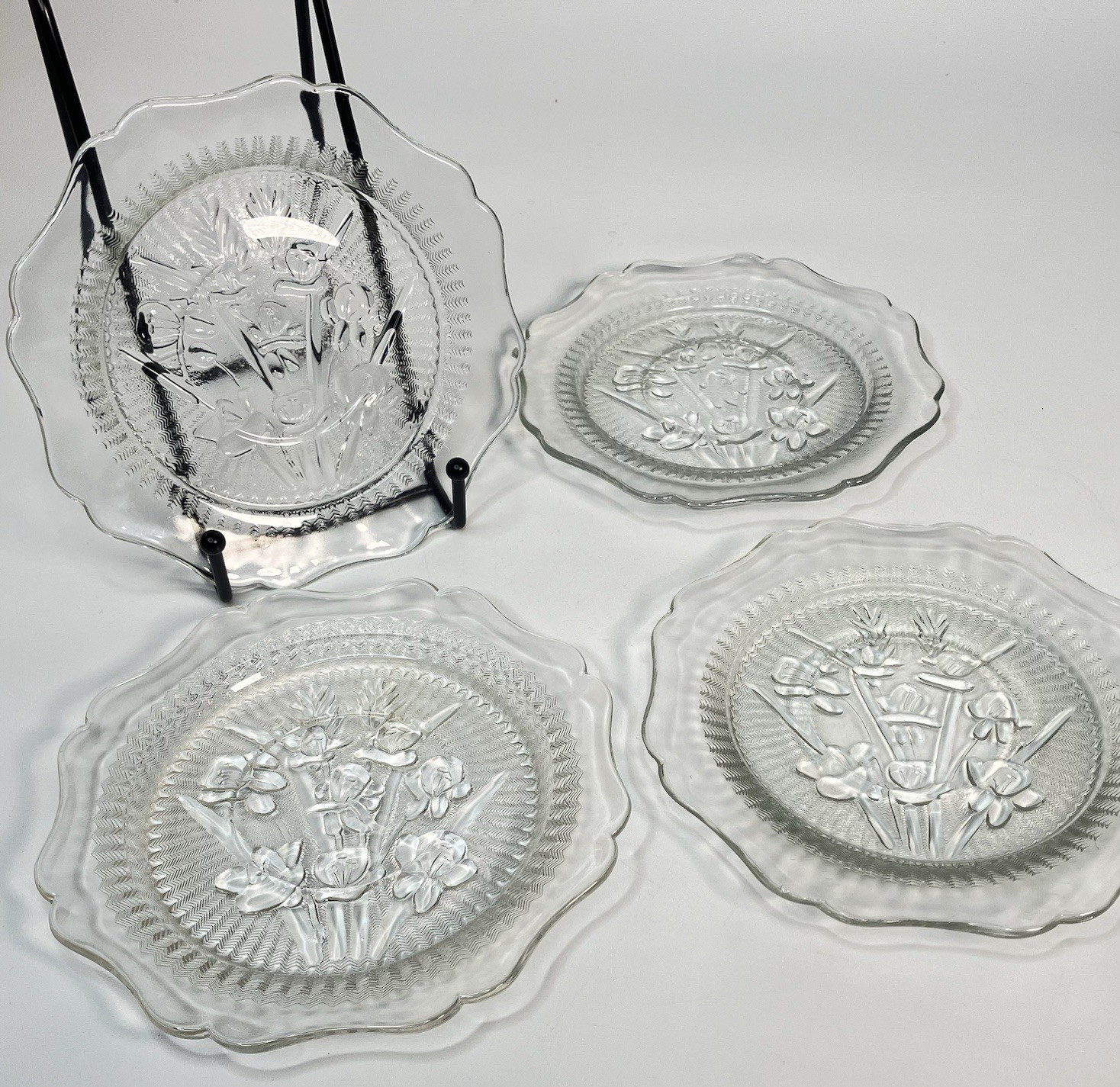 Set 4 Vtg Jeannette Glass Iris & Herringbone Clear Depression Saucers 5.75"