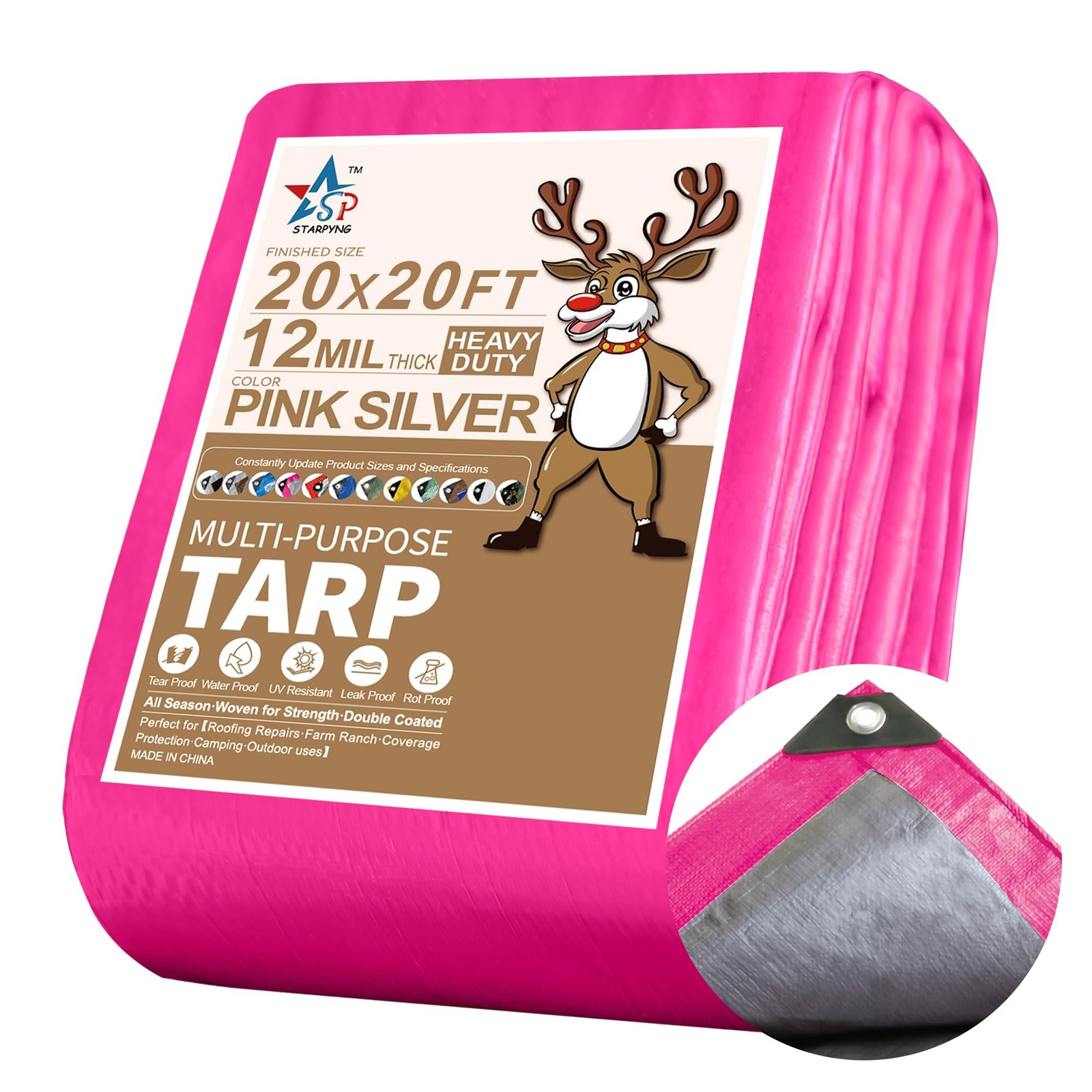STARPYNG-12 Mil Pink/Silver 20x20 Feet Tarp-Heavy Duty Poly Tarp-Cover,Waterproo