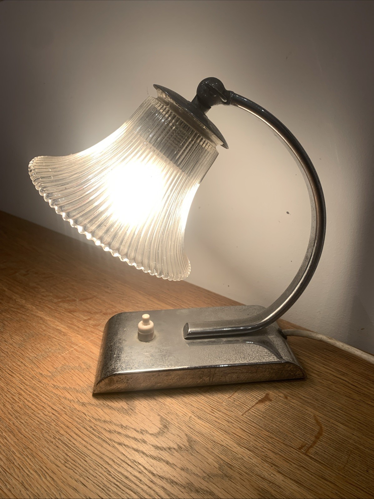 Art Deco Chrome Desk Lamp Ribbed Glass Adjustable Shade Vintage 1930s England