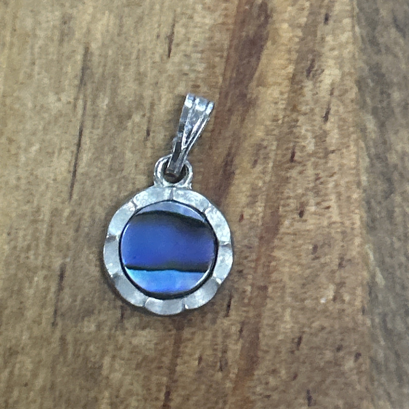 Silver Tone Blue Abalone Shell Disc Pendant