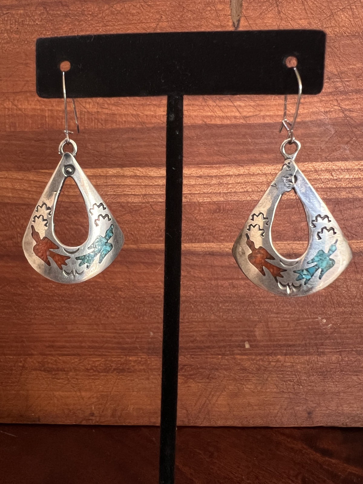 Vintage Native American Sterling Peyote Bird Turquoise/Coral Inlay Earrings