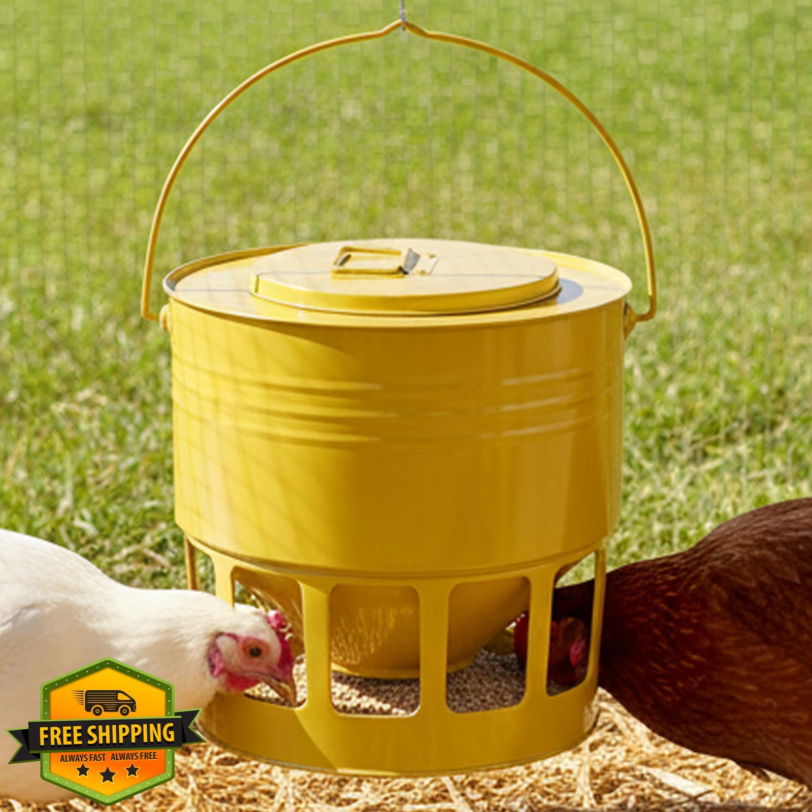 KOL Hanging Chicken Feeder: 20lbs, Metal, No Waste, Yellow