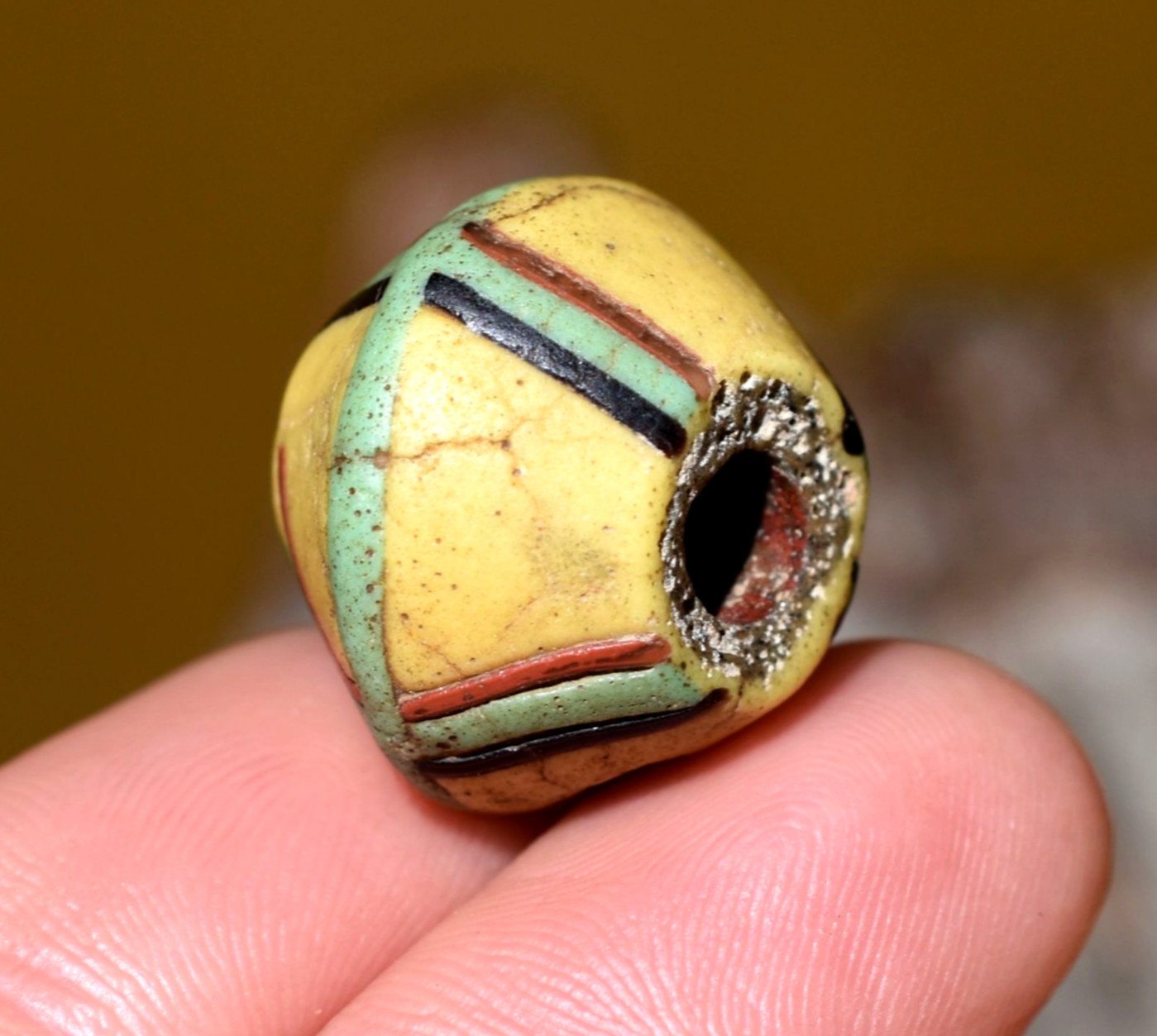 Antique African Powder Glass Akoso Yellow Bicone Stripe Bead Ghana African Trade