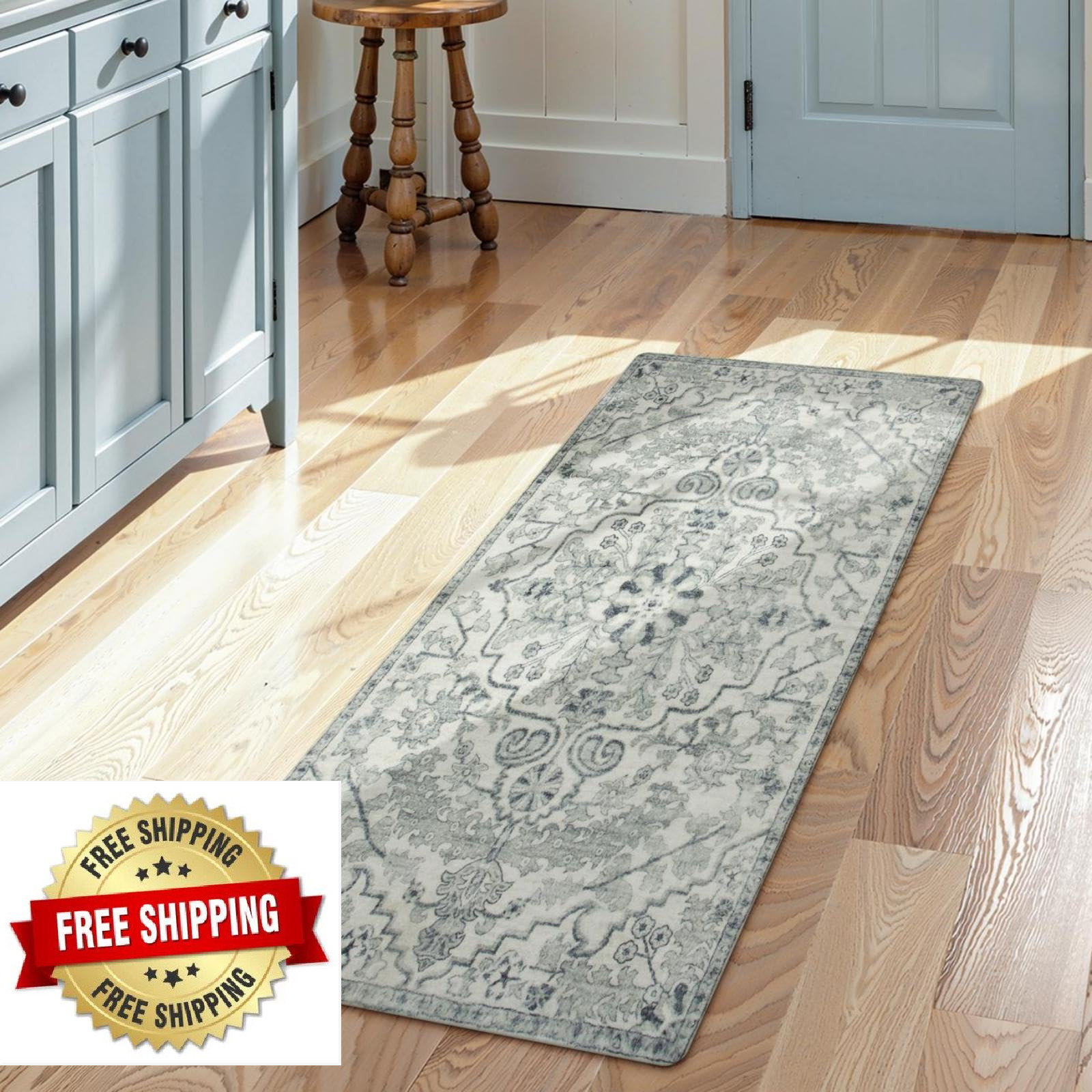 Lahome Bohemian Floral Medallion Runner Rug 2x4 Beige Non-Skid Laundry Hallway