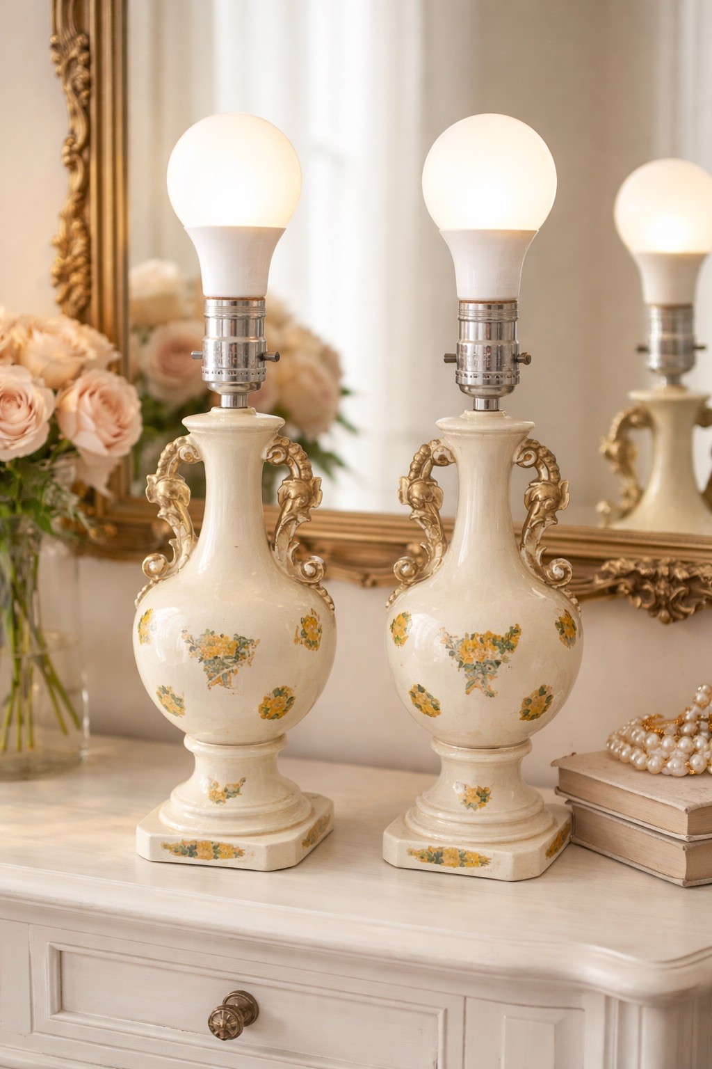 Vintage Porcelain Floral Lamps Pair Gold Scroll Hollywood Regency 13” Japan