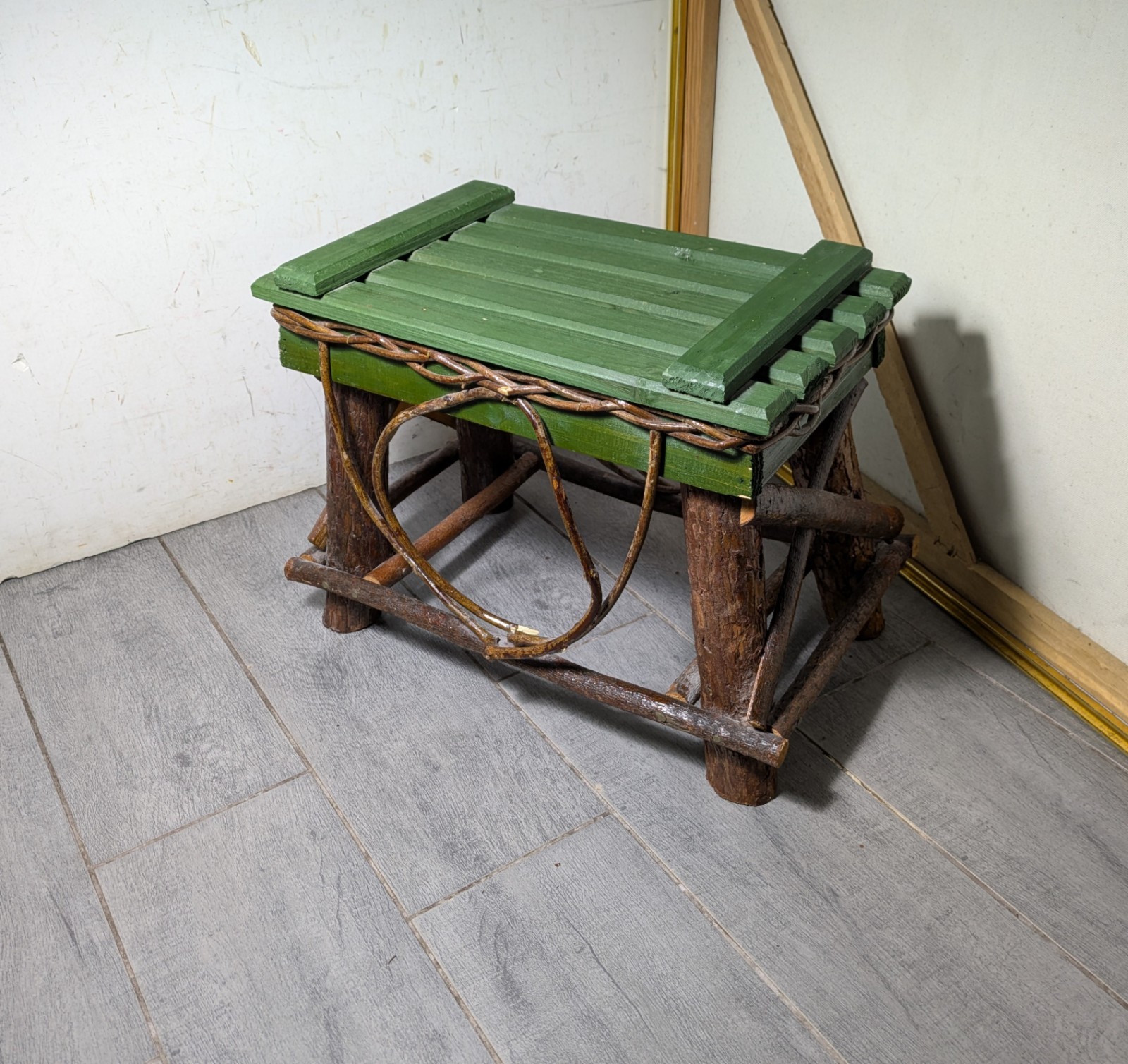 Vintage Rustic Primitive Log Twig Wood Footstool Cabin Lodge Adirondack Stool B