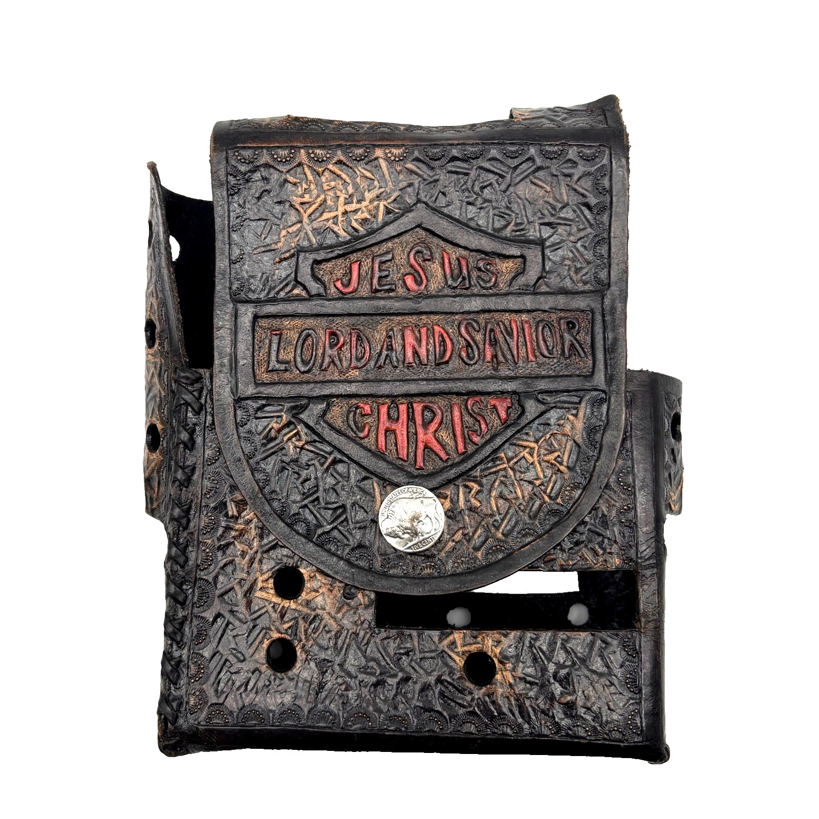 Vintage 80s Handmade Tooled Leather Buffalo Nickel Biker Bible Belt Holster 6x8"