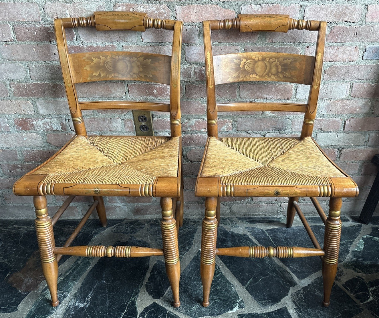 L.Hitchcock~2 SIGNED  STENCILED MAPLE SLAT BACK RUSH2SEAT SIDE CHAIRS-Signed #2