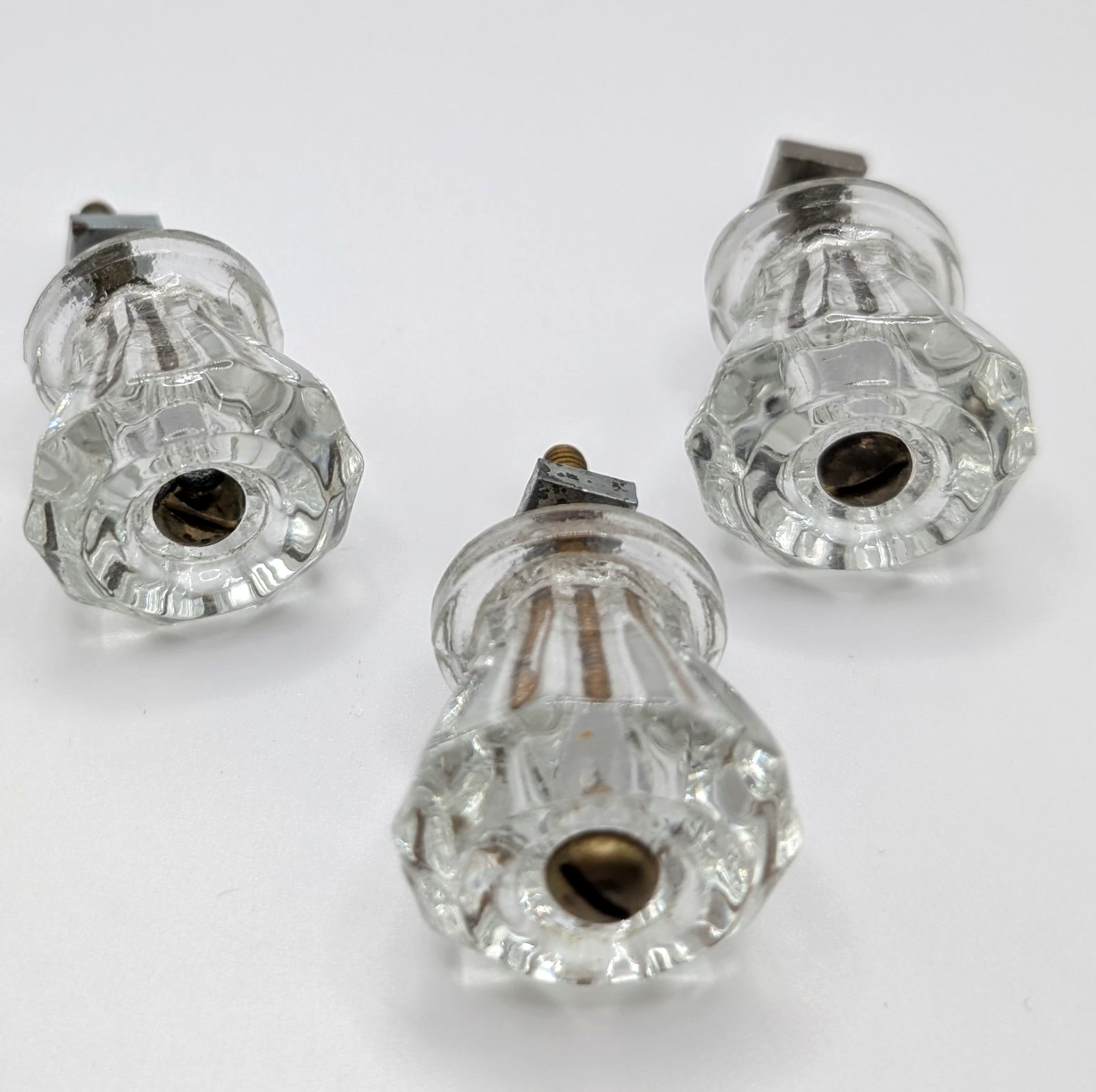 3 Vintage  Clear Glass Cabinet Drawer Pulls Knobs 10 sides Art Deco