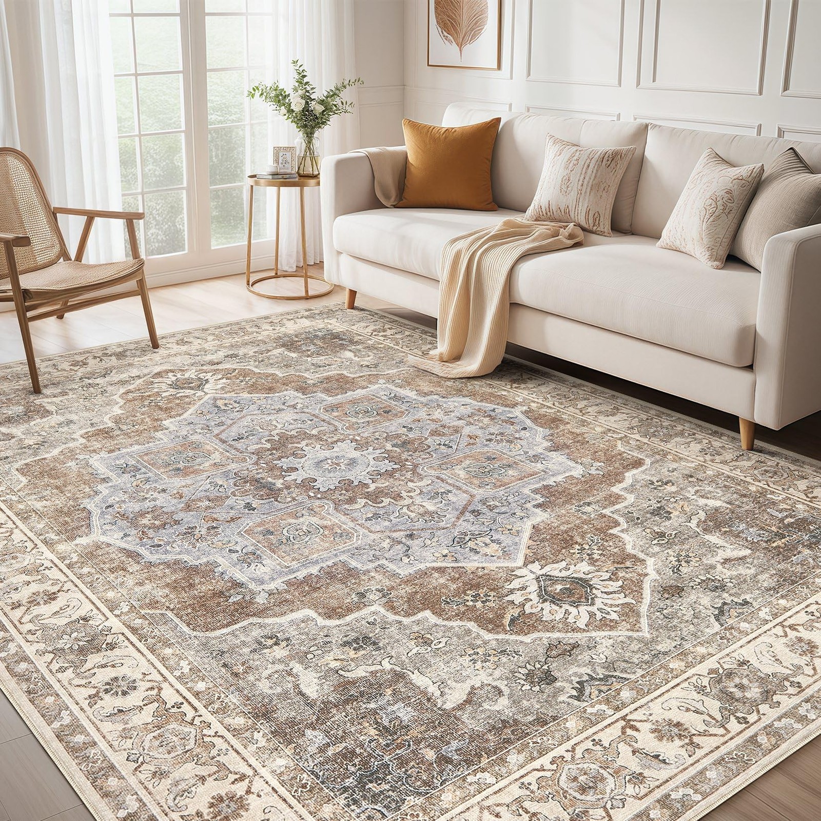9x12 Washable Area Rug: Vintage Neutral Soft Non Slip Thin Large Floor Carpet...